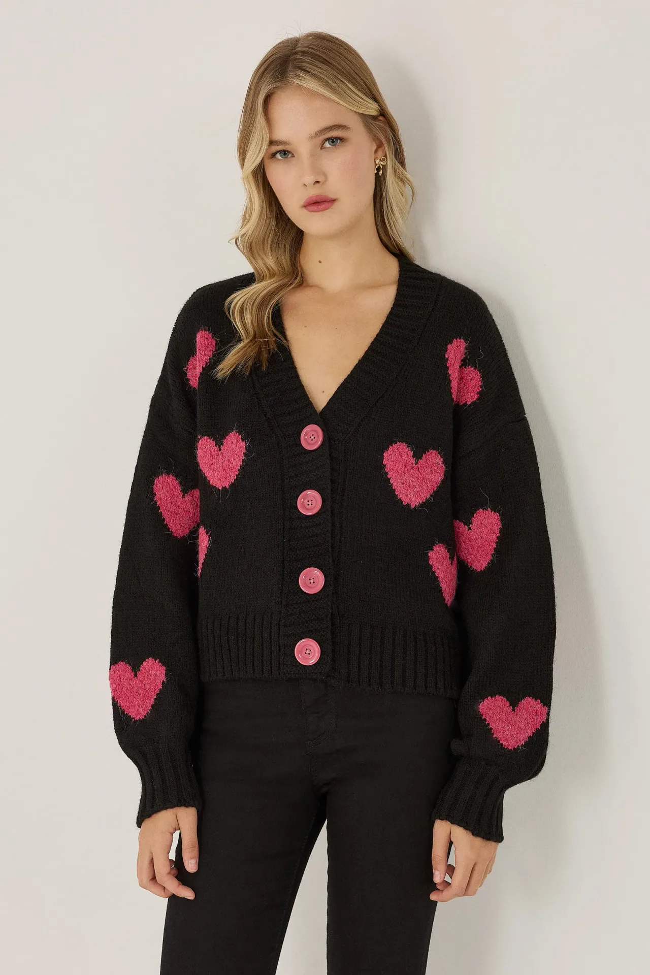 Heart Patterned Relaxed Fit Cardigan
