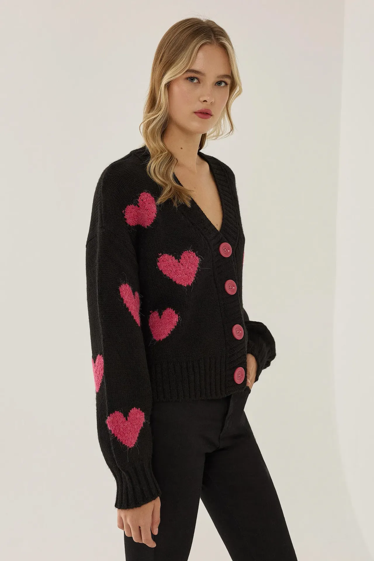 Heart Patterned Relaxed Fit Cardigan
