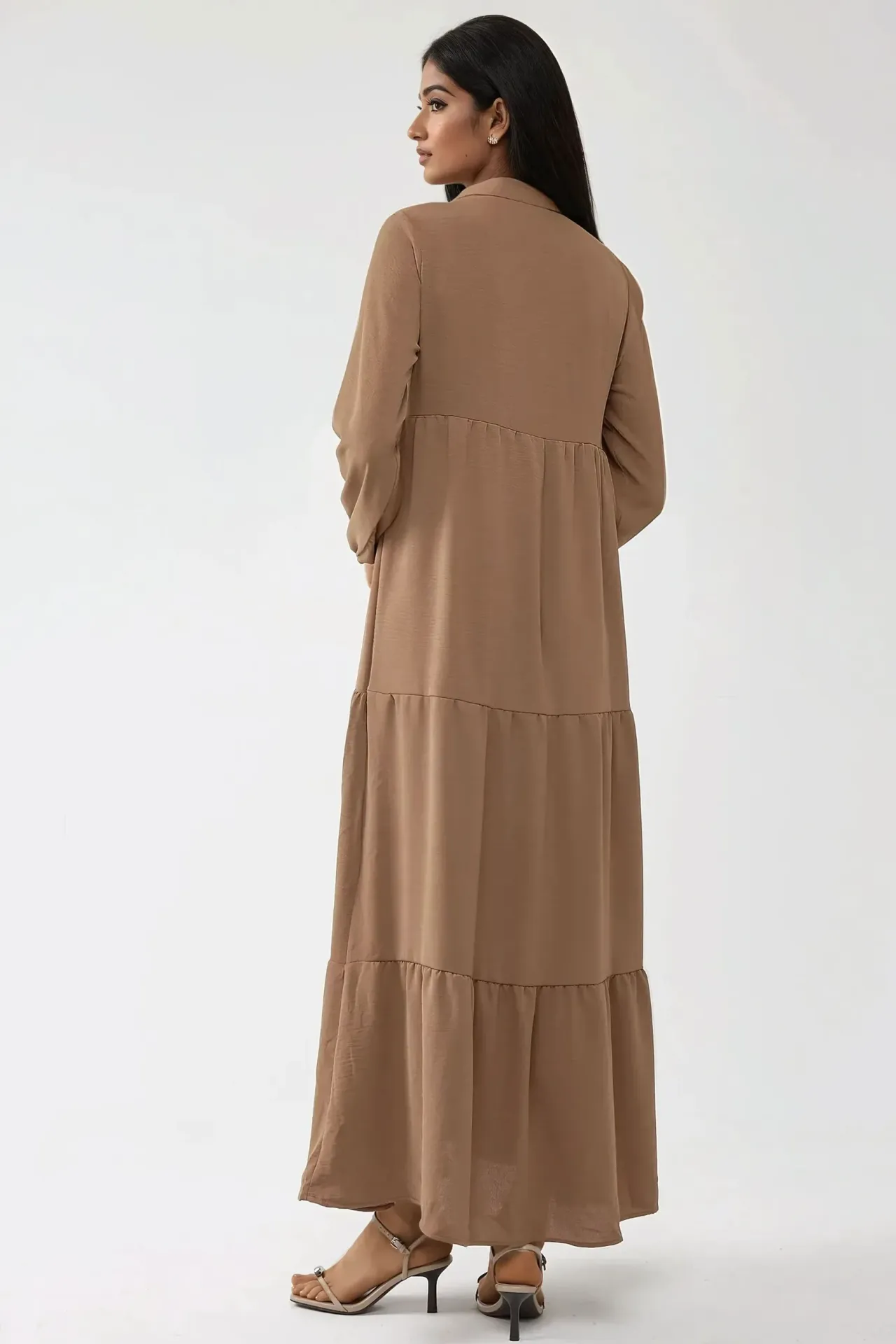 Textured Crew Neck Maxi Dress with Buttons