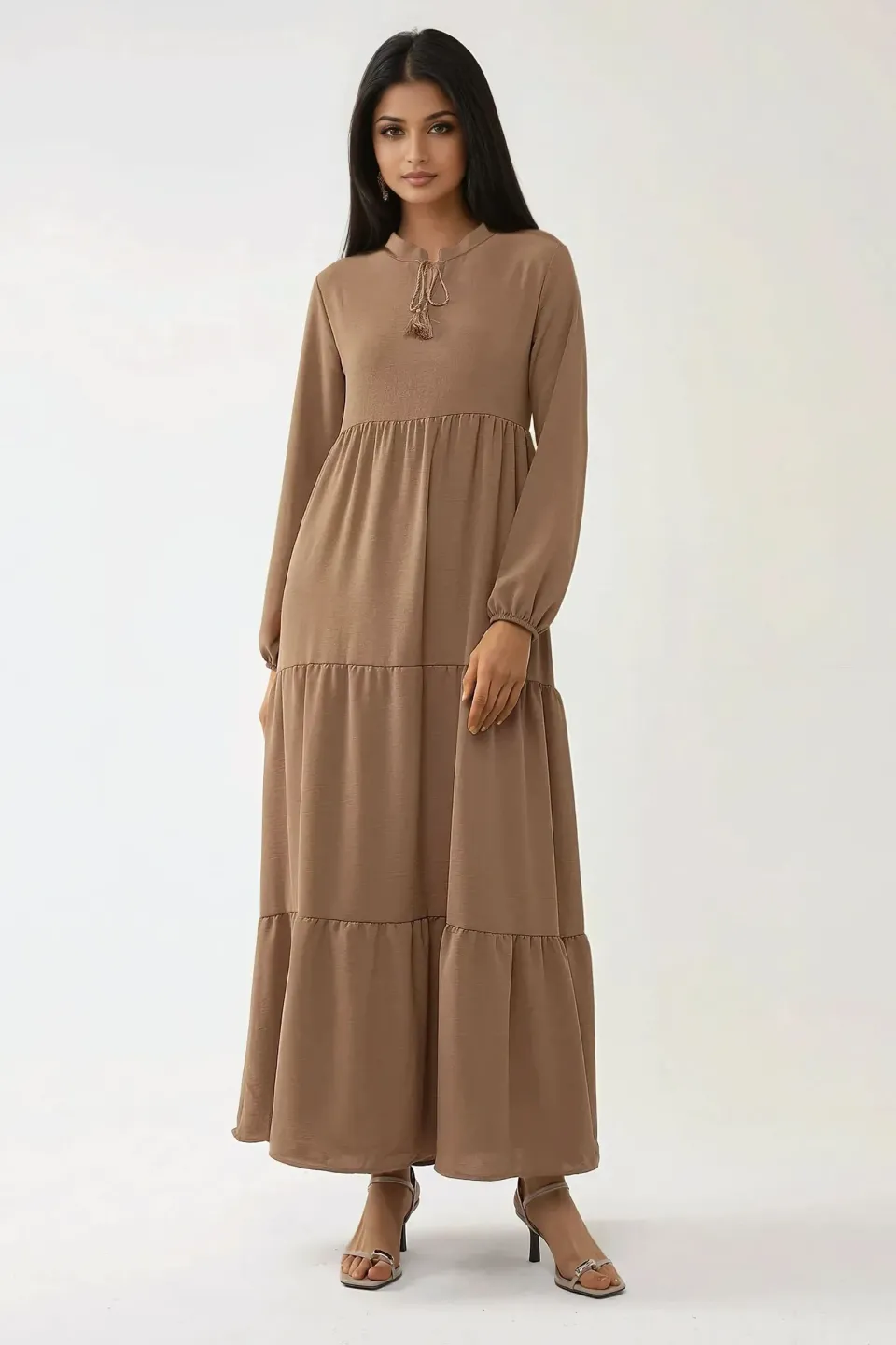 Textured Crew Neck Maxi Dress with Buttons