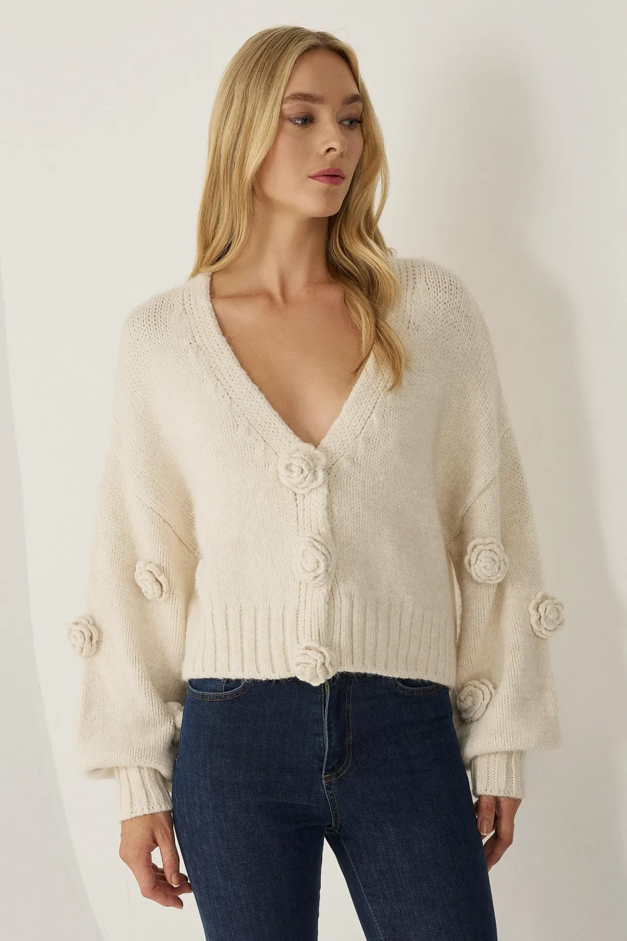 V-Neck Flower Patched Oversized Cardigan