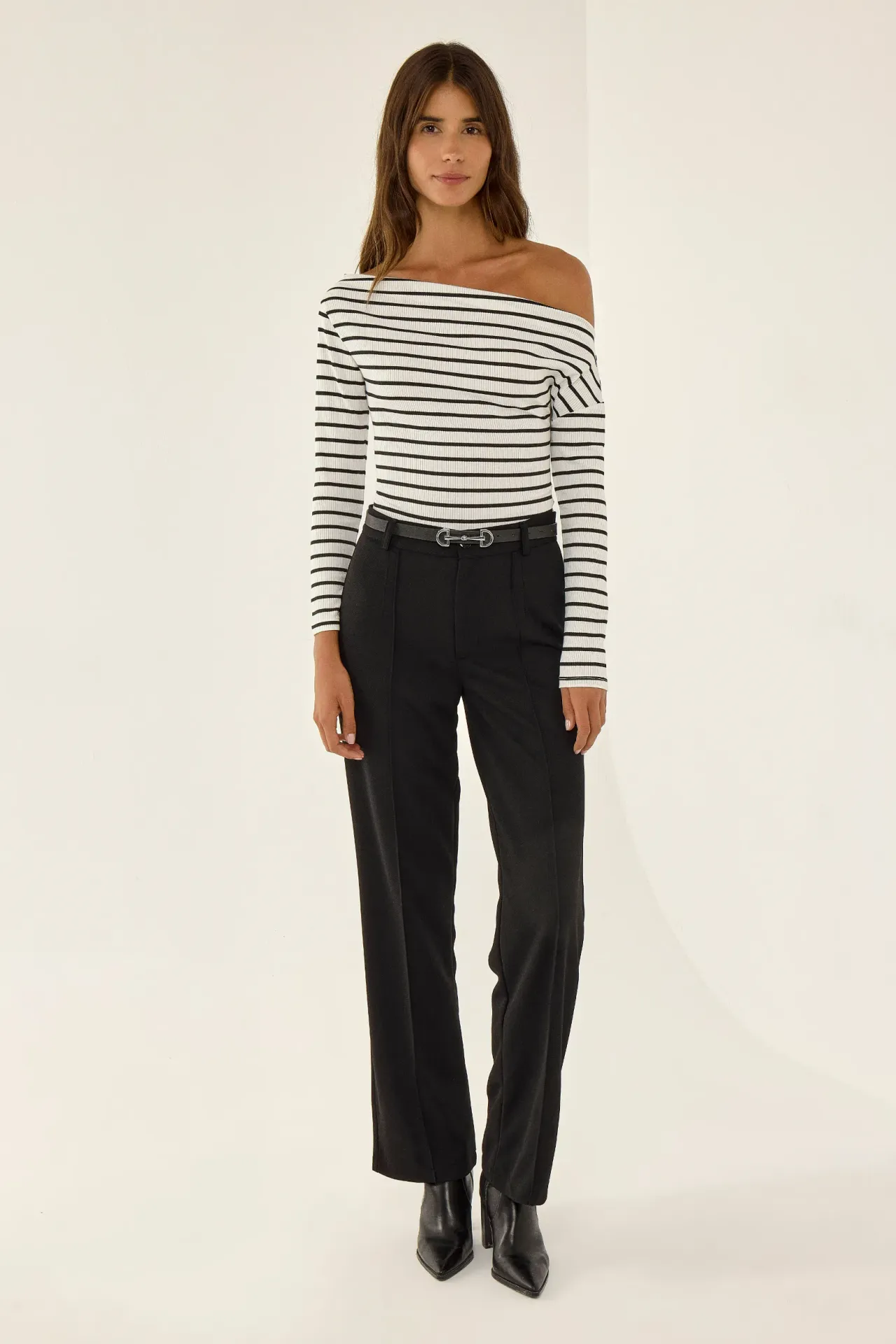 Striped Carmen Collar Long Sleeve Top