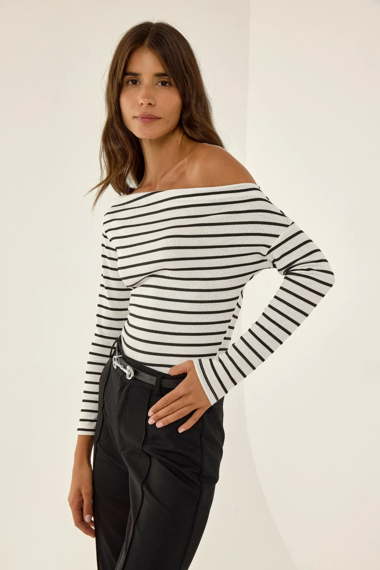 Striped Carmen Collar Long Sleeve Top