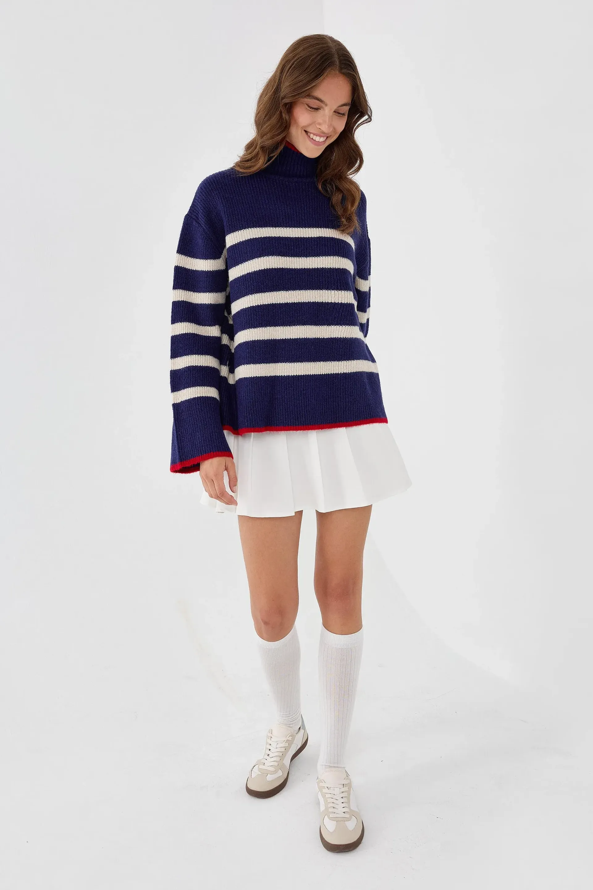 Blue Striped Turtleneck Knit Sweater Women