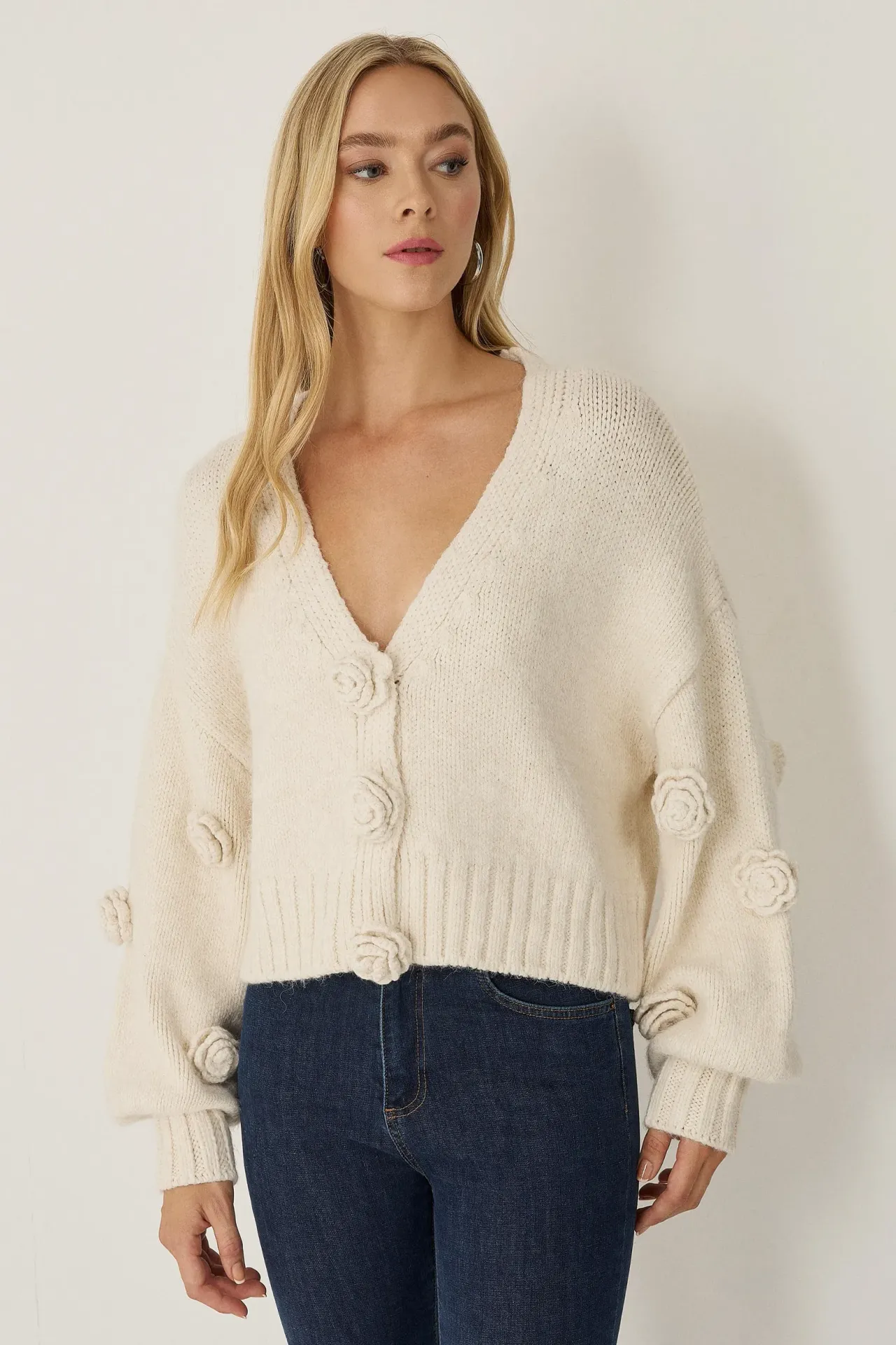 V-Neck Flower Patched Oversized Cardigan