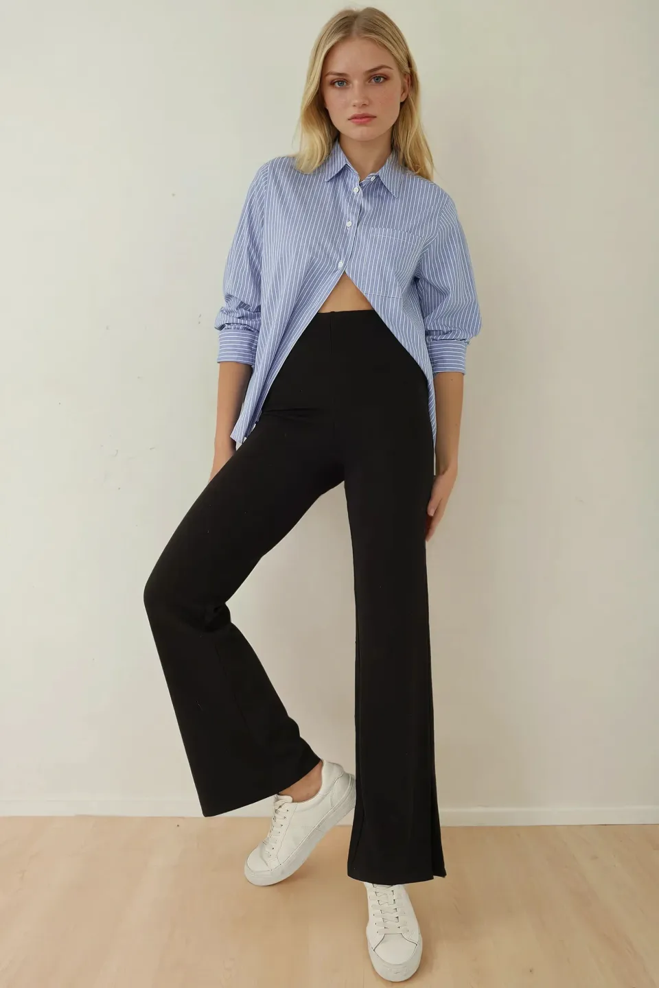 High Waist Flare Leg Pants with Slit