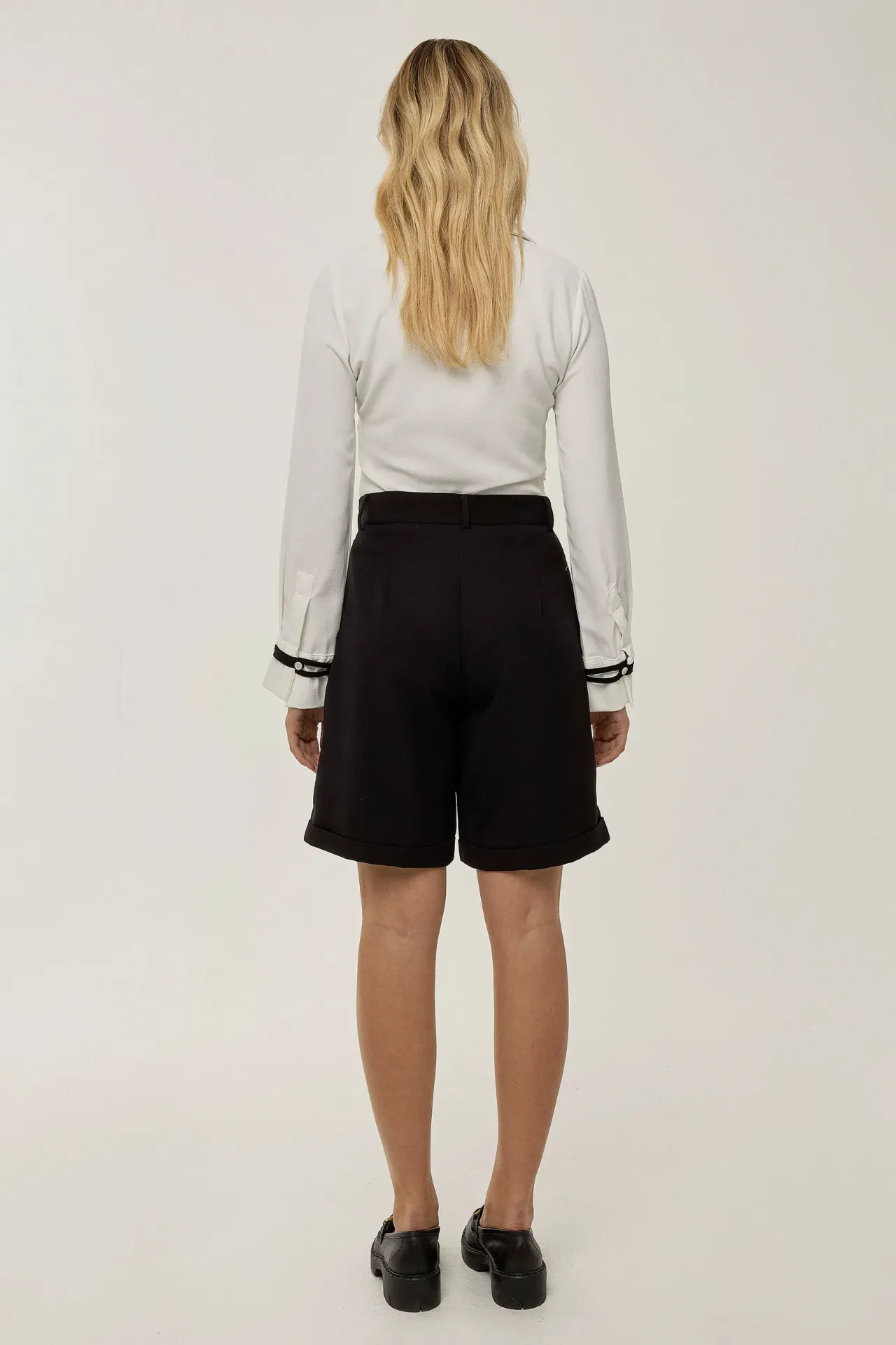 High Waist Pleated Midi Shorts with Button Detail