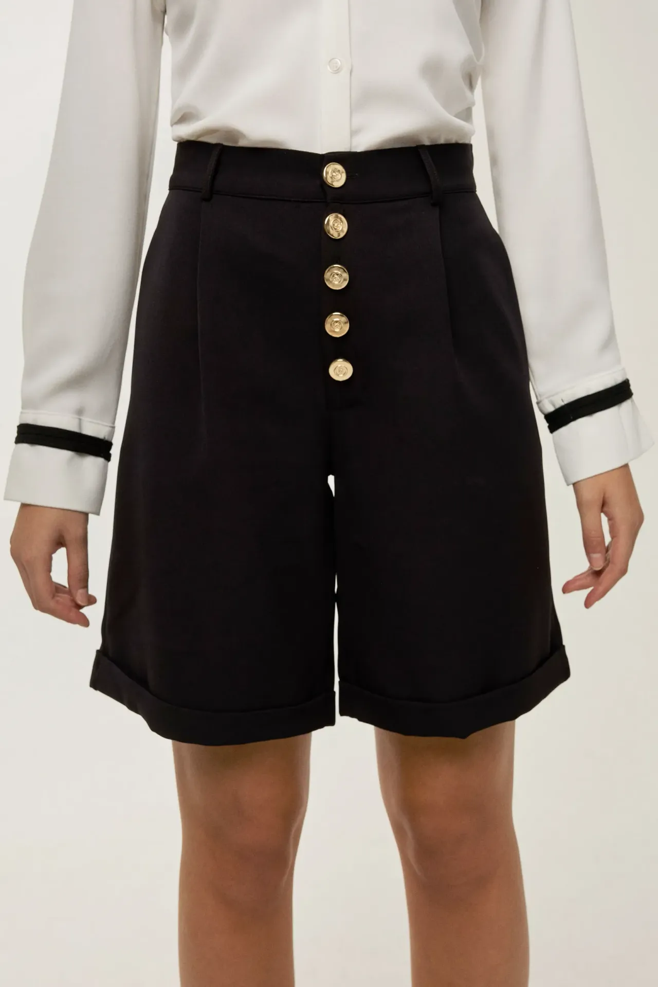 High Waist Pleated Midi Shorts with Button Detail