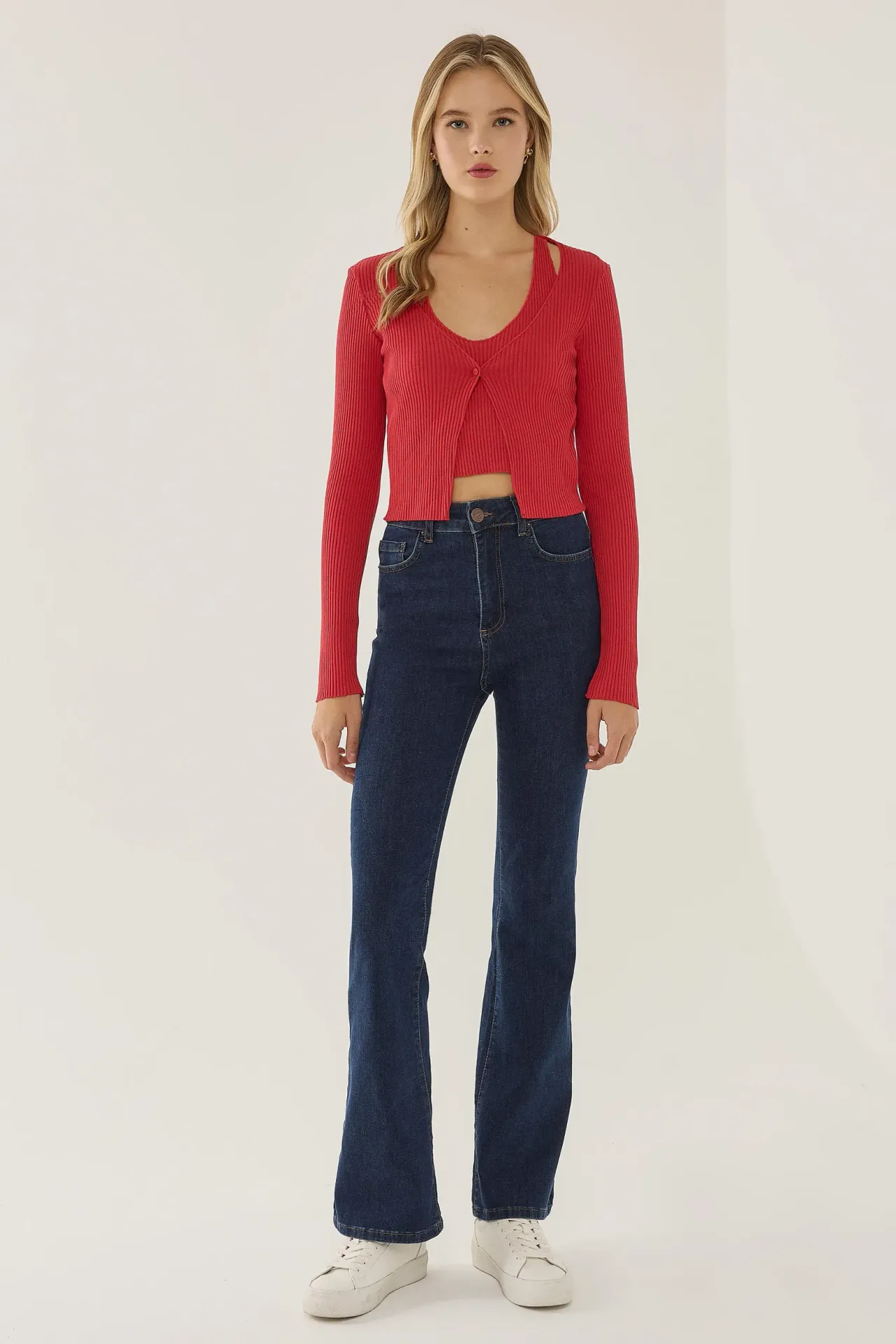 Twin Set: Knitted V-Neck Long Sleeve Cardigan with Button Detail and Crop Top