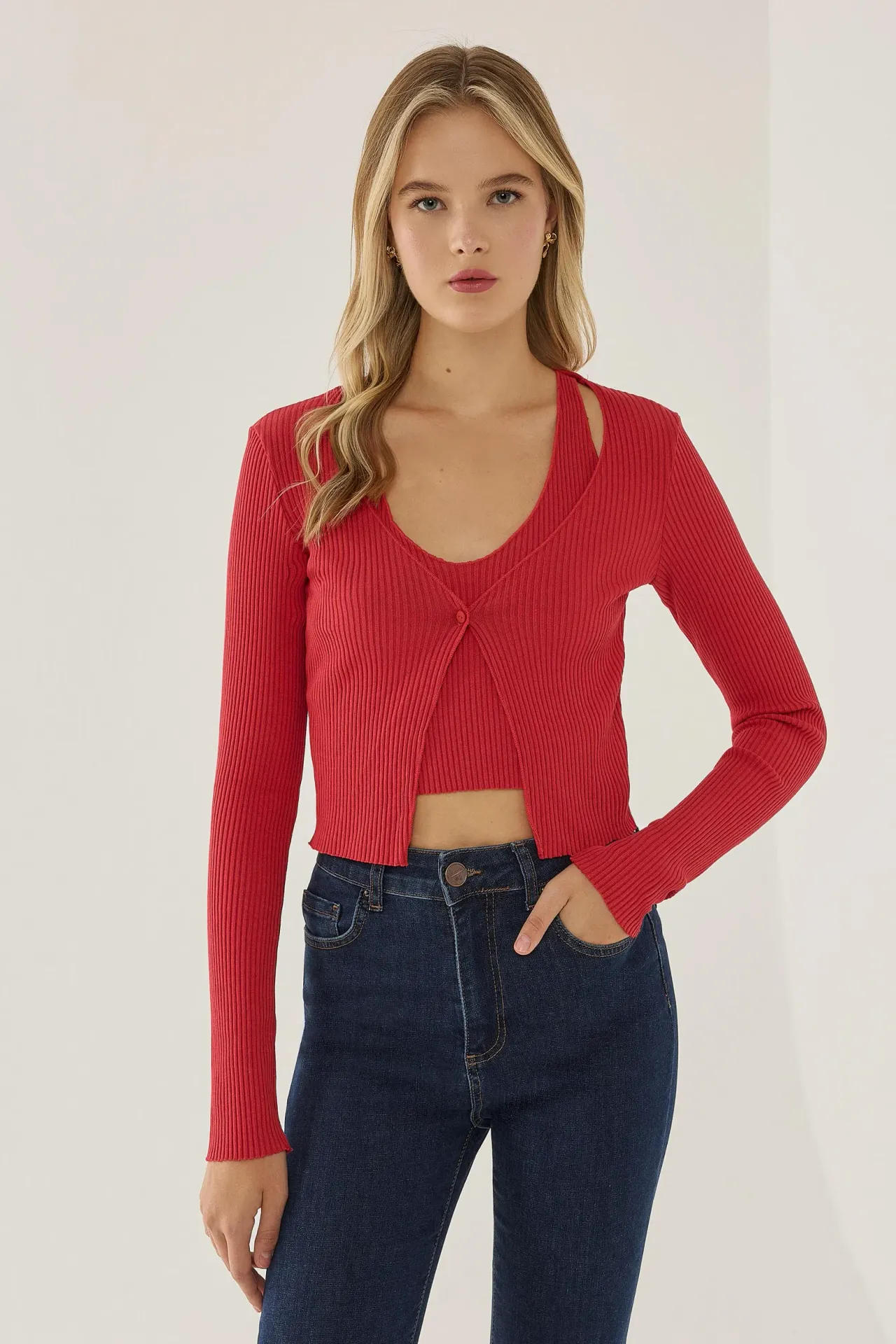 Twin Set: Knitted V-Neck Long Sleeve Cardigan with Button Detail and Crop Top