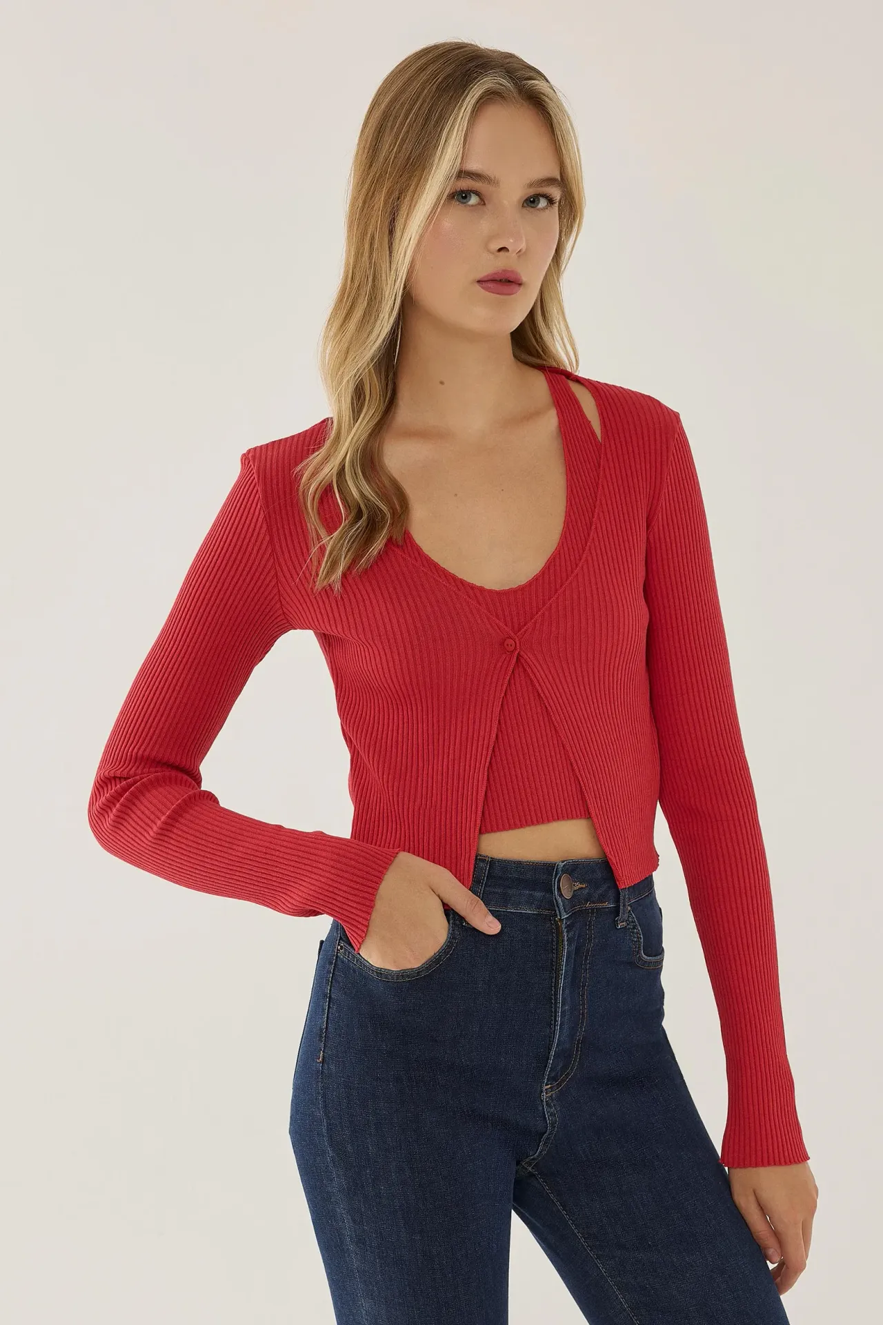 Twin Set: Knitted V-Neck Long Sleeve Cardigan with Button Detail and Crop Top