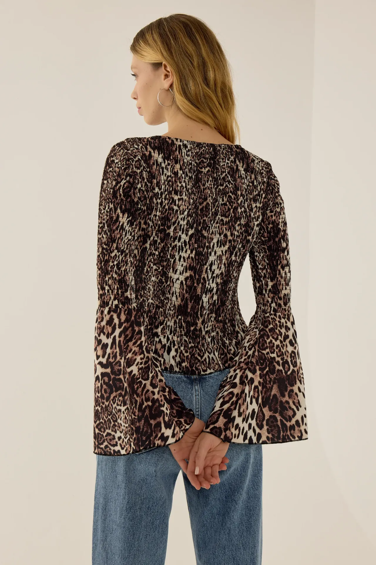 Animal Print Boat Neck Top with Shirred Detail