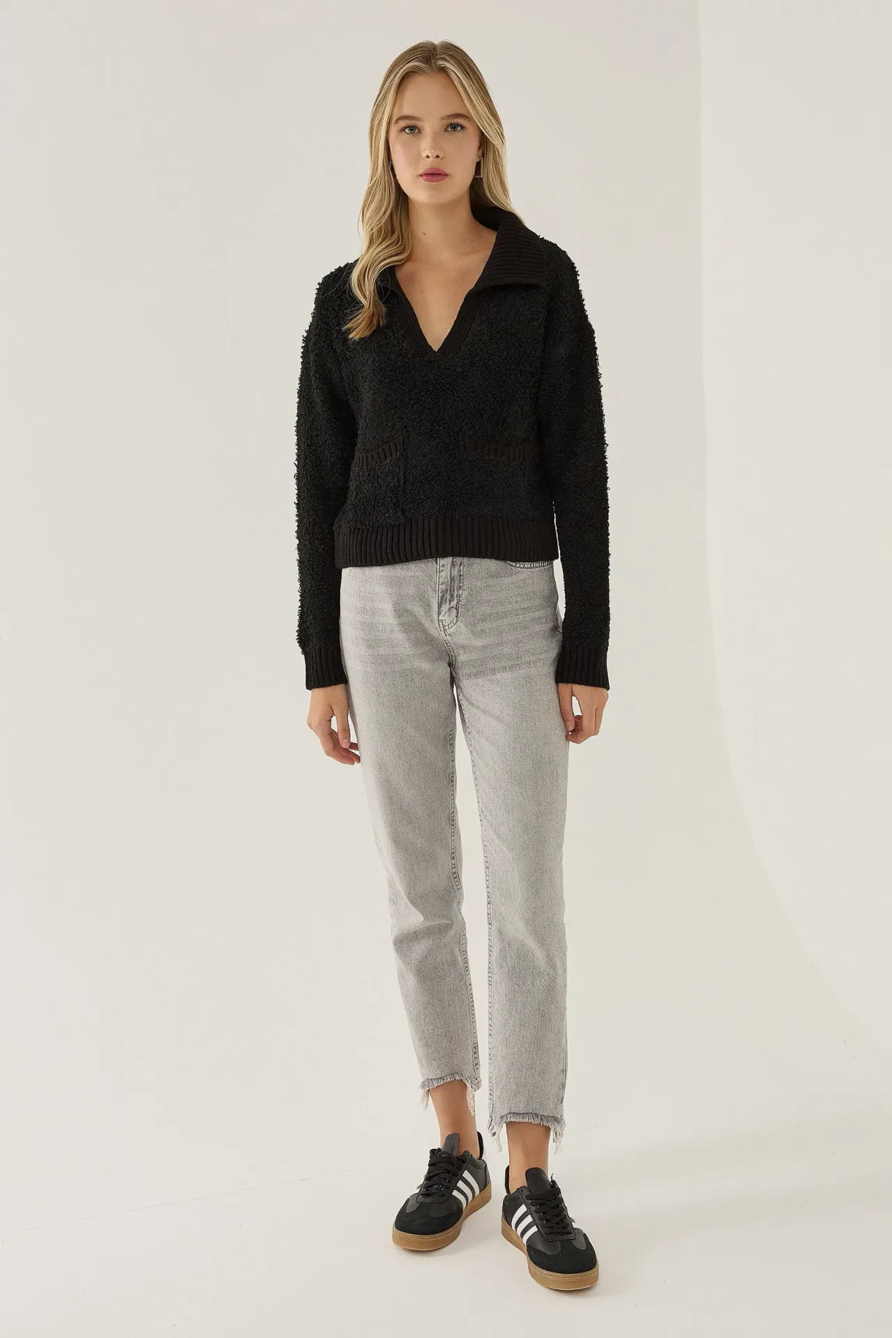 Shirt Collar Crop Sweater with Pocket