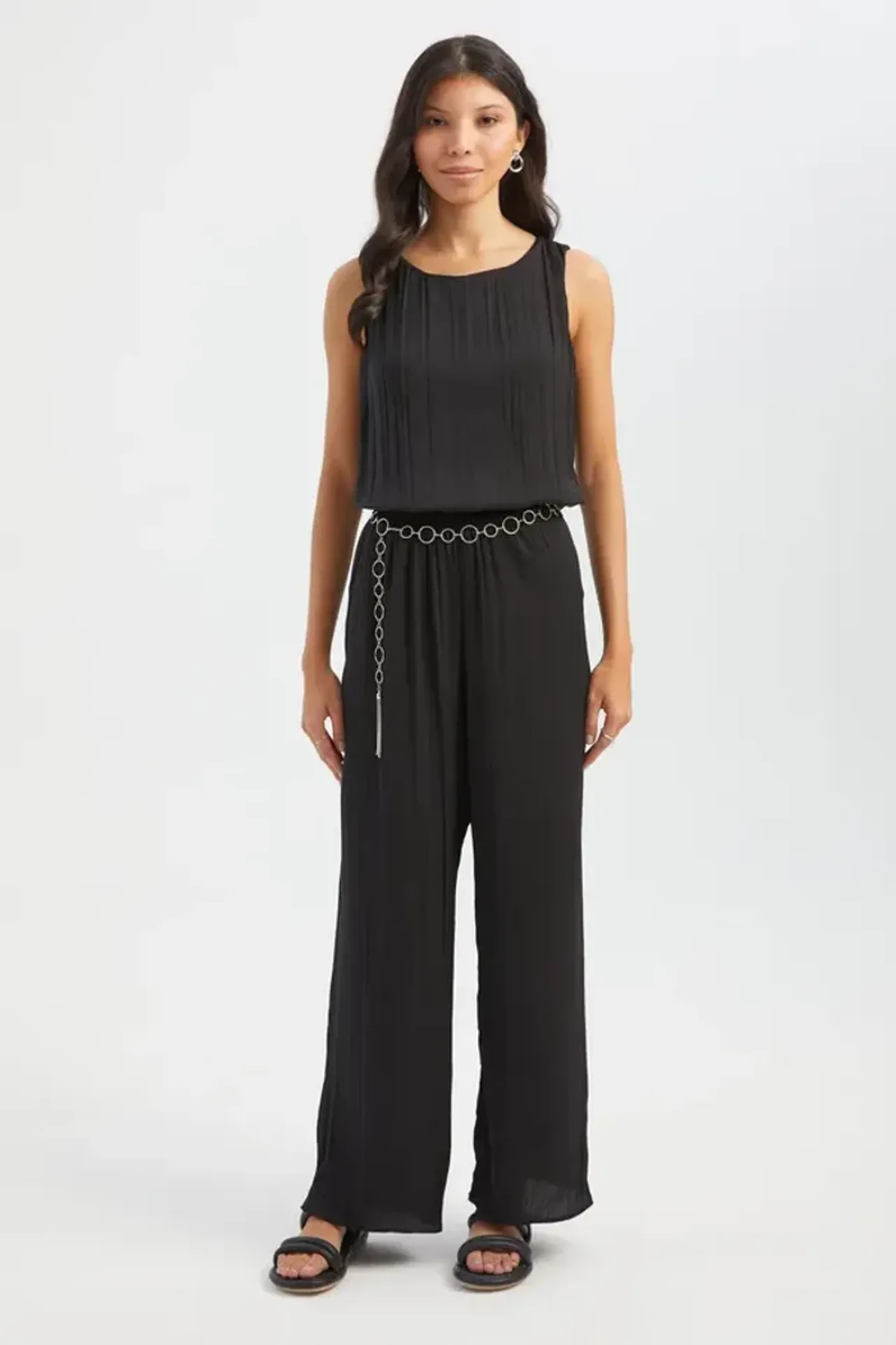 Plisse High Waist Straight Leg Trousers