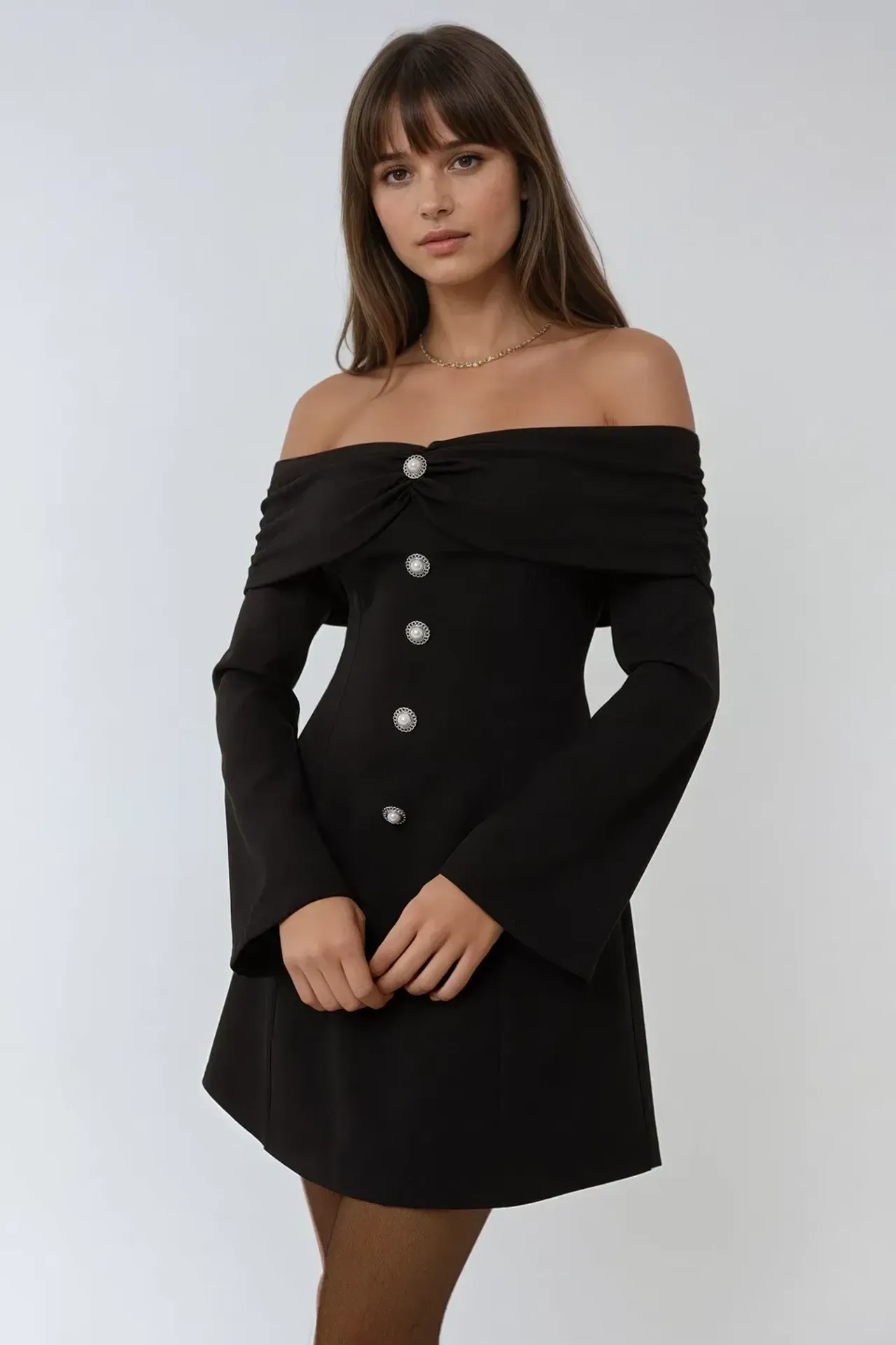 Exclusive Tailored Off Shoulder Mini Dress with Button Detail