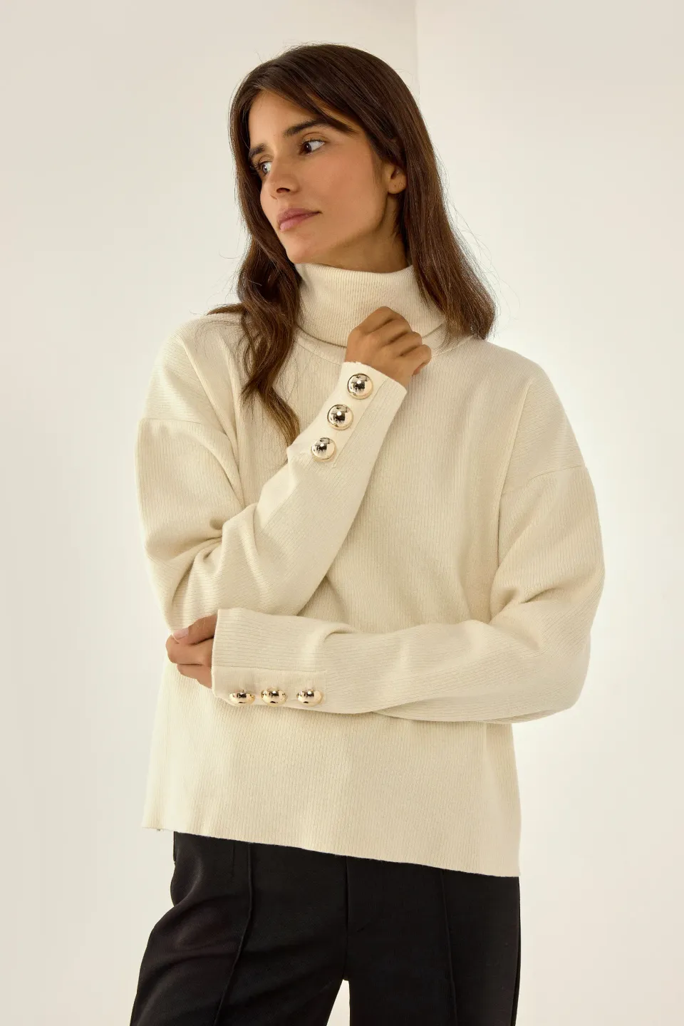 Thick Cream Jumper with Gold Button Details