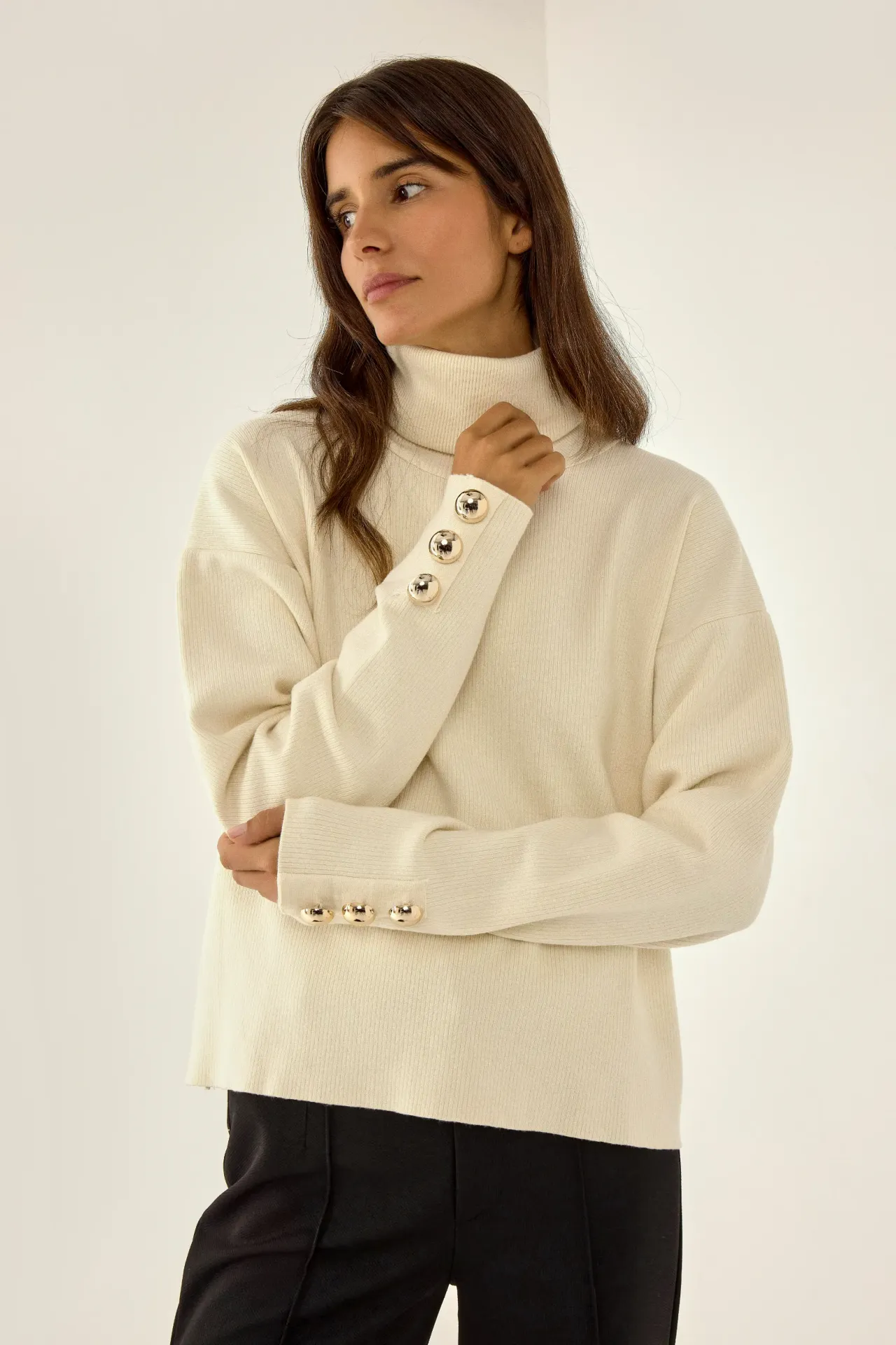 Thick Cream Jumper with Gold Button Details