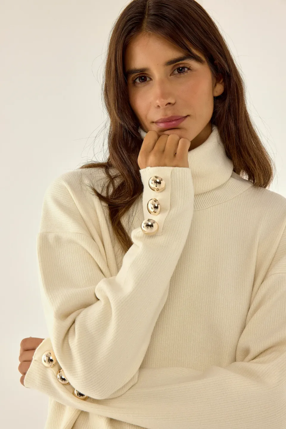 Thick Cream Jumper with Gold Button Details