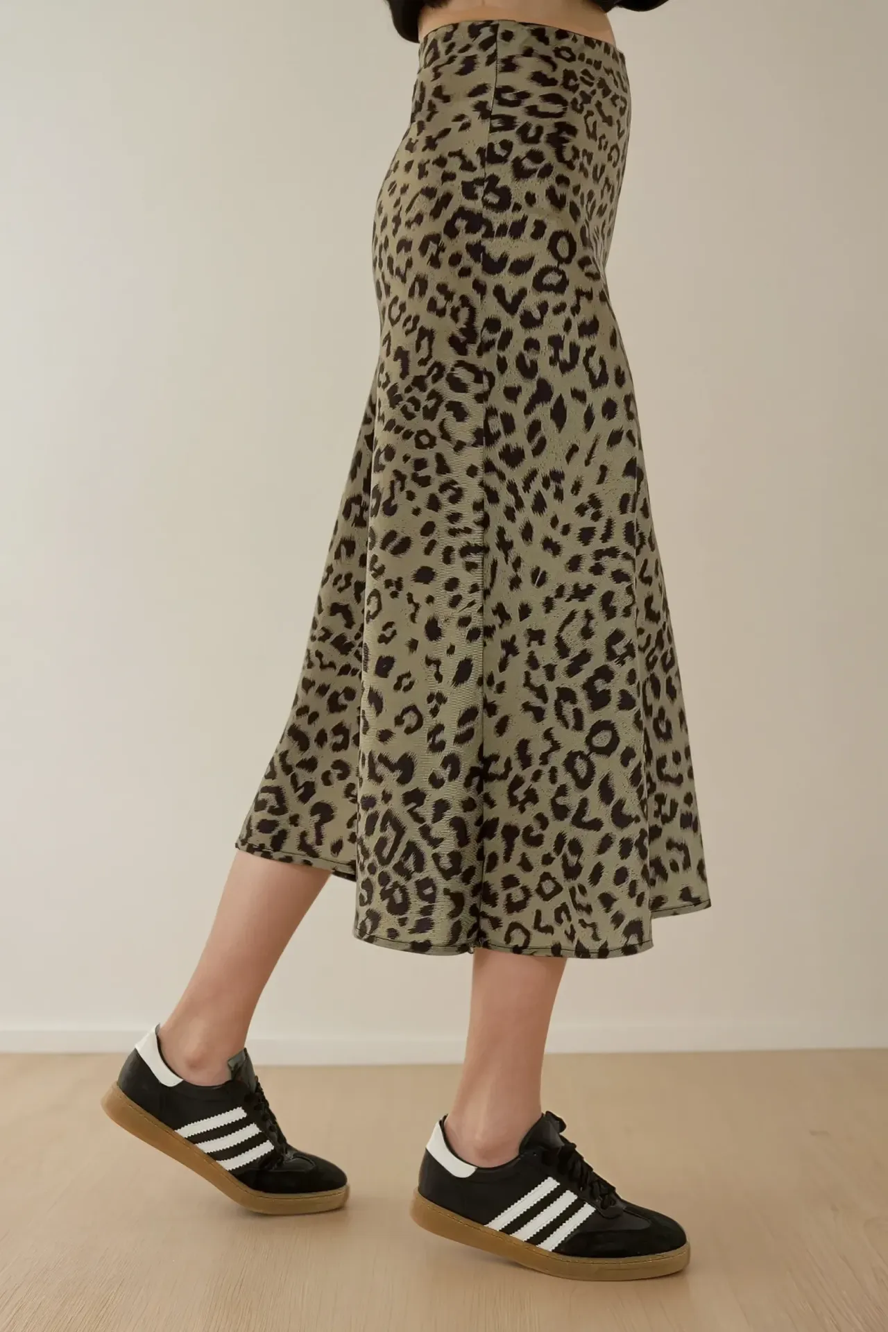 Leopard Print Satin Midi Skirt With Elastic Waist Band