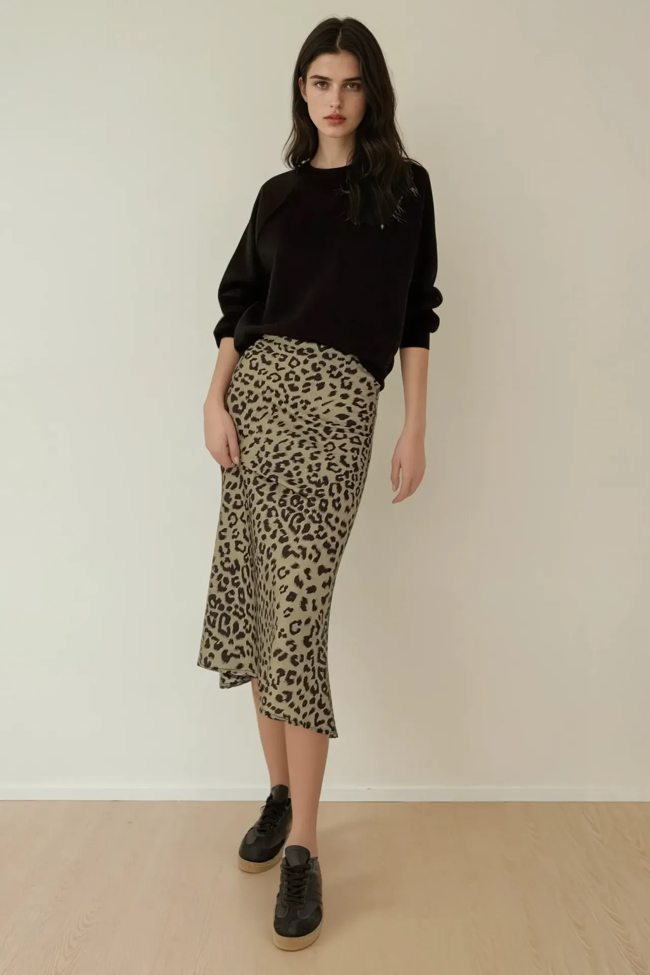 Leopard Print Satin Midi Skirt With Elastic Waist Band