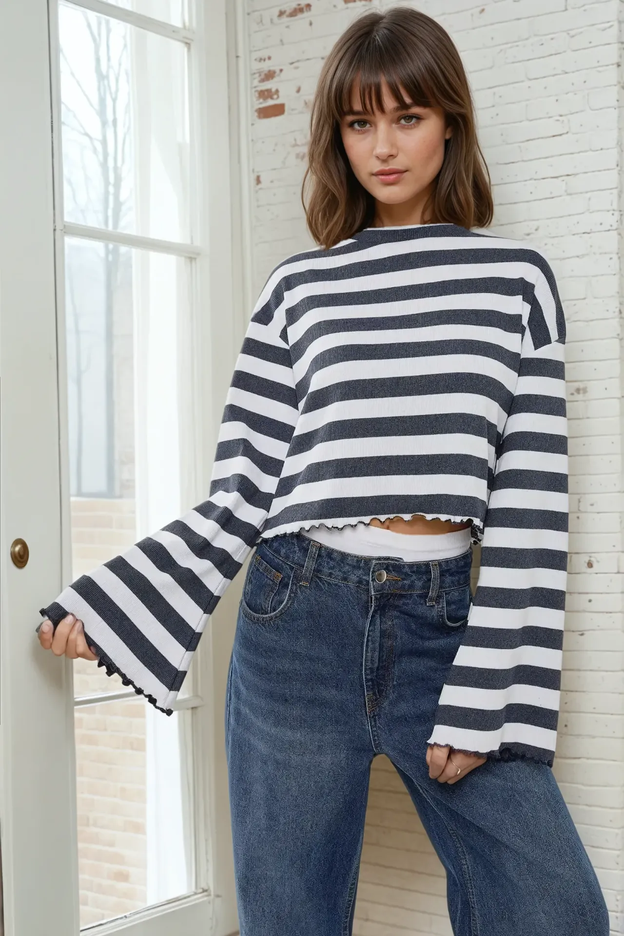 Striped Lettuce Hem Long Sleeve Crew Neck T-Shirt