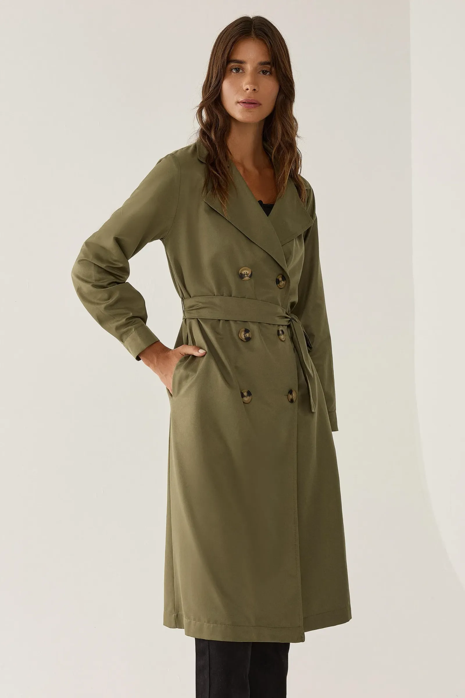 Double-Breasted Belted Long Trench Coat 5