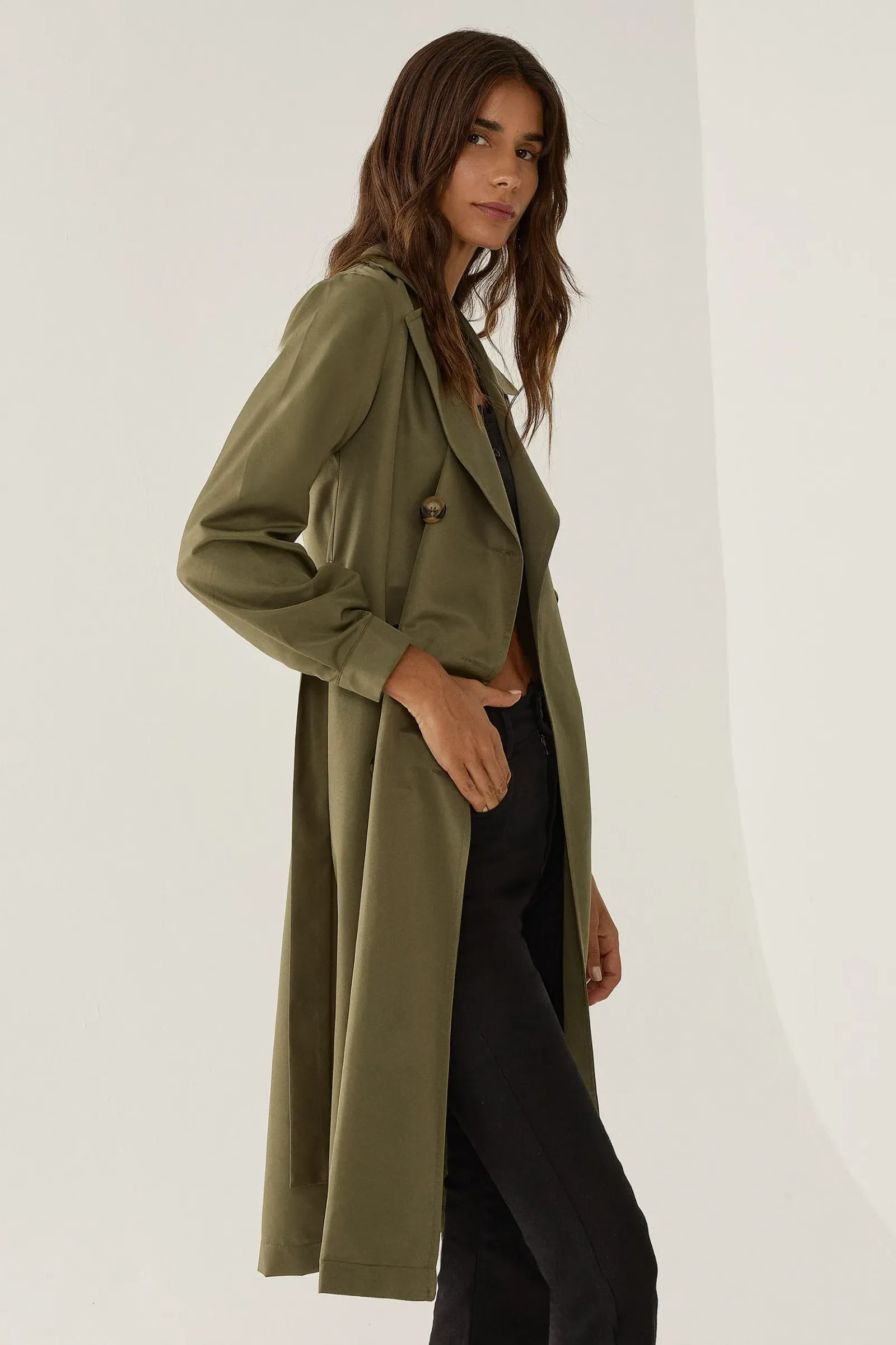 Double-Breasted Belted Long Trench Coat 3