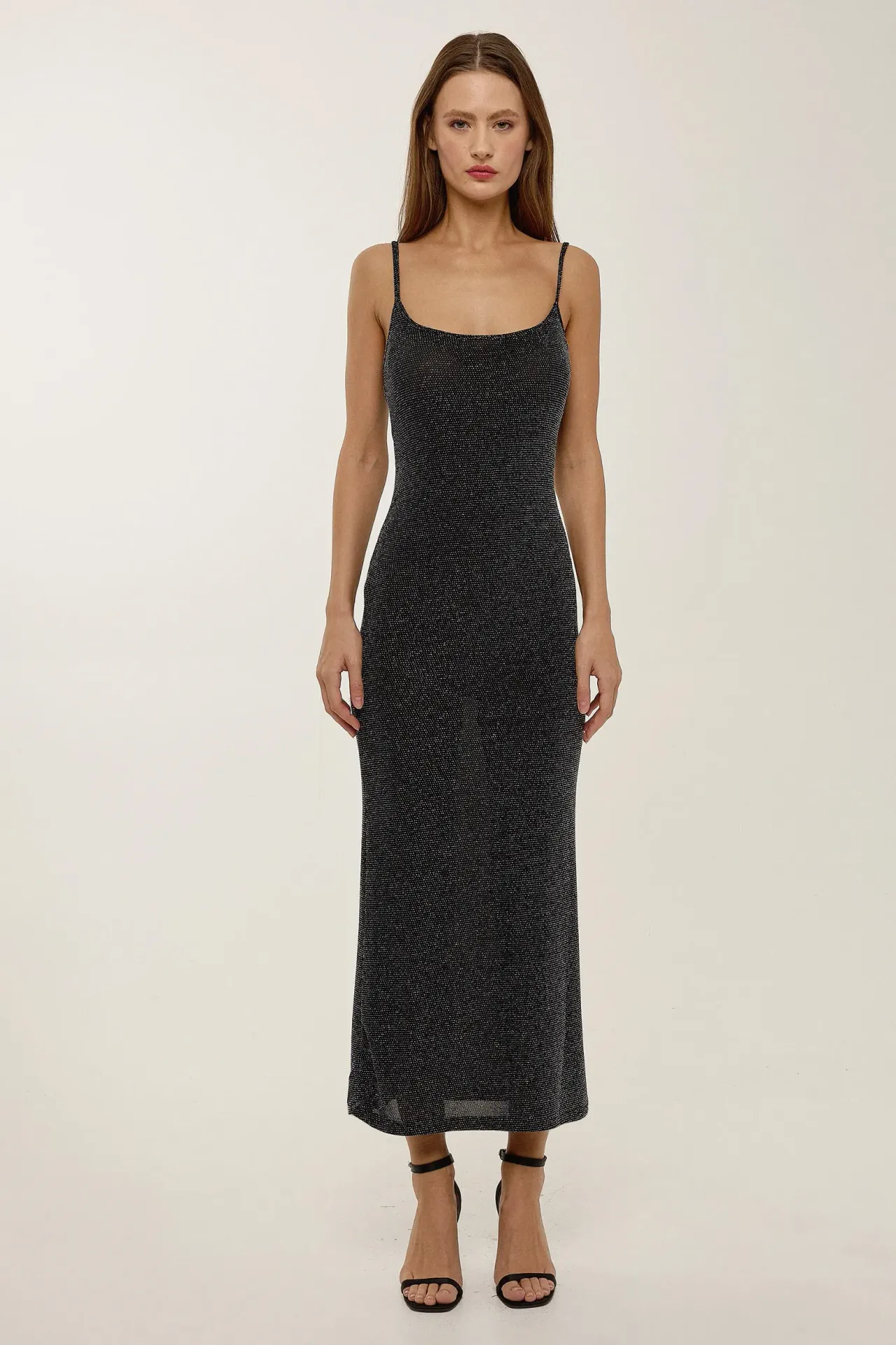 Silvery Midi Dress with Thin Straps