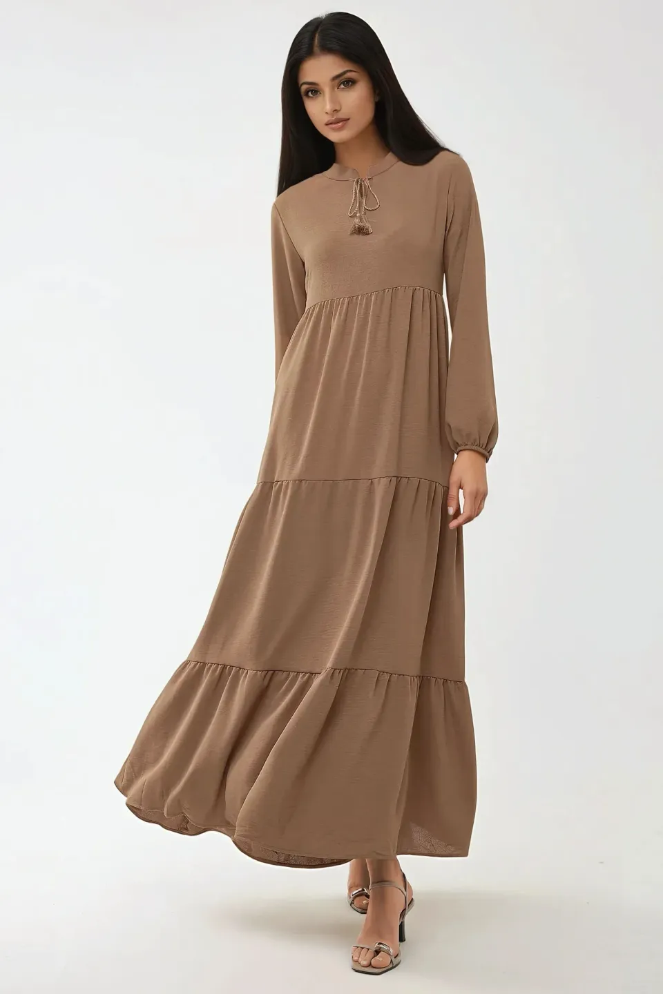 Textured Crew Neck Maxi Dress with Buttons