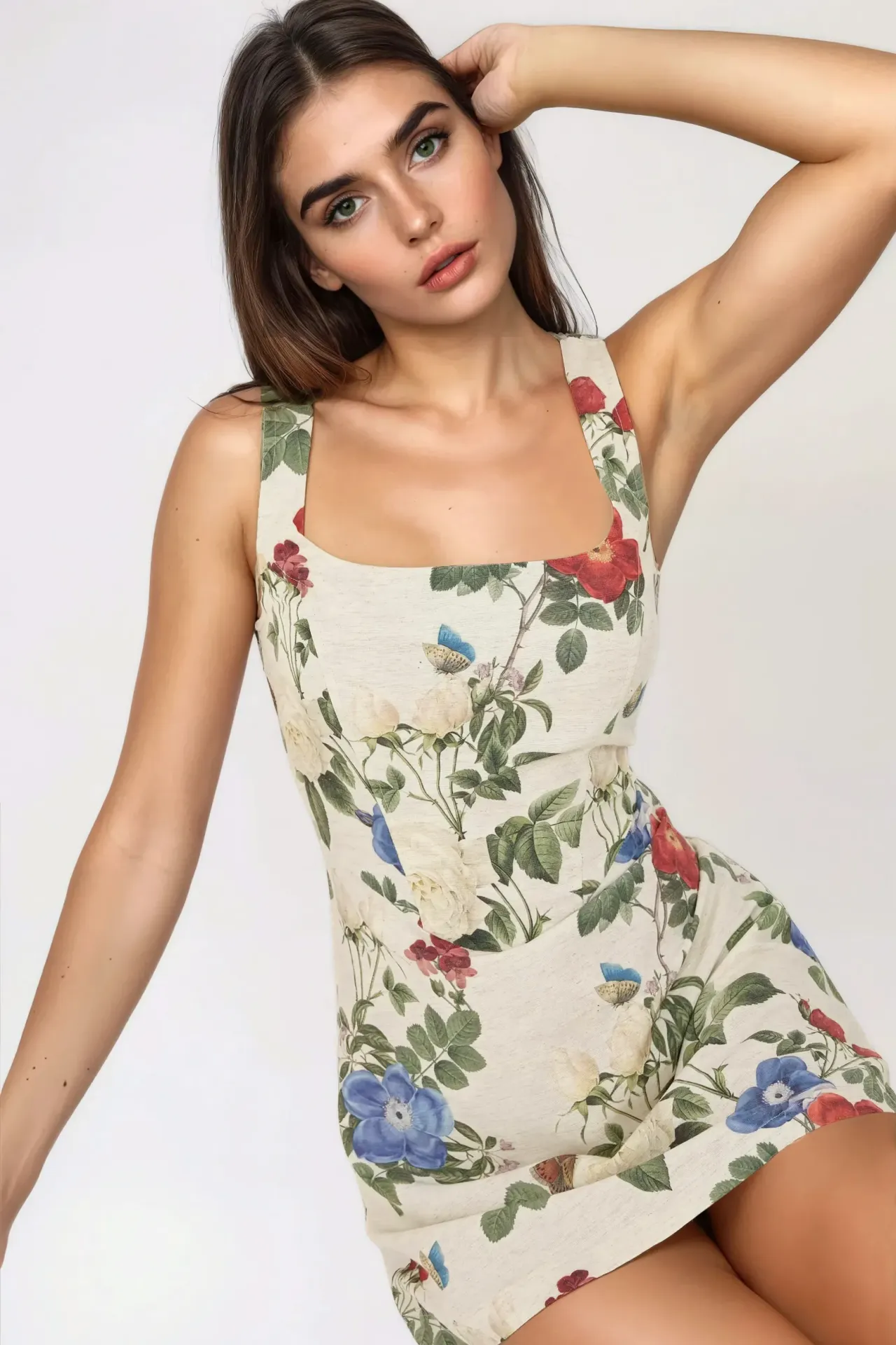 Square Neck Flower Pattern Linen Feel Mini Dress