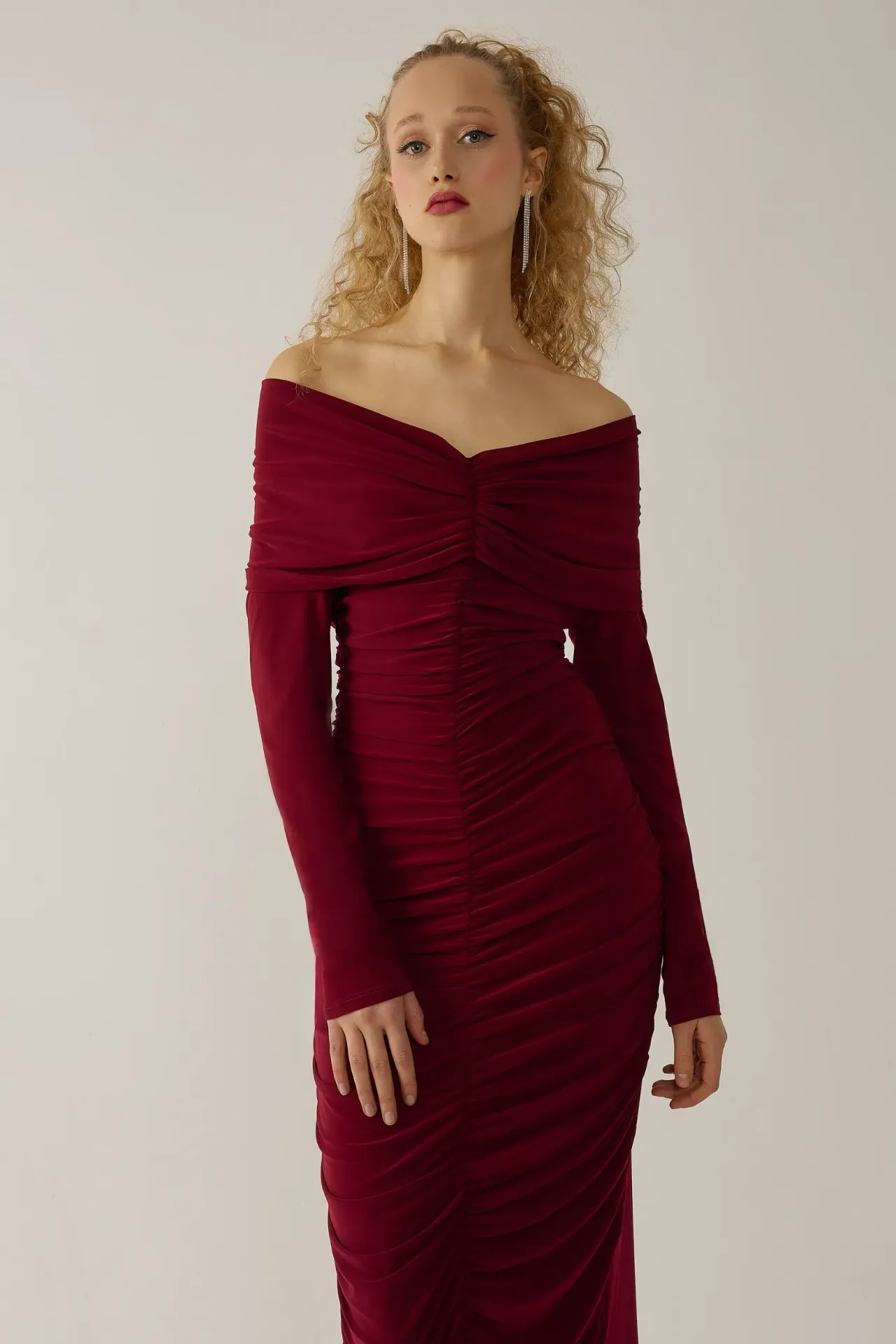 Off Shoulder Draped Bodycon Maxi Dress