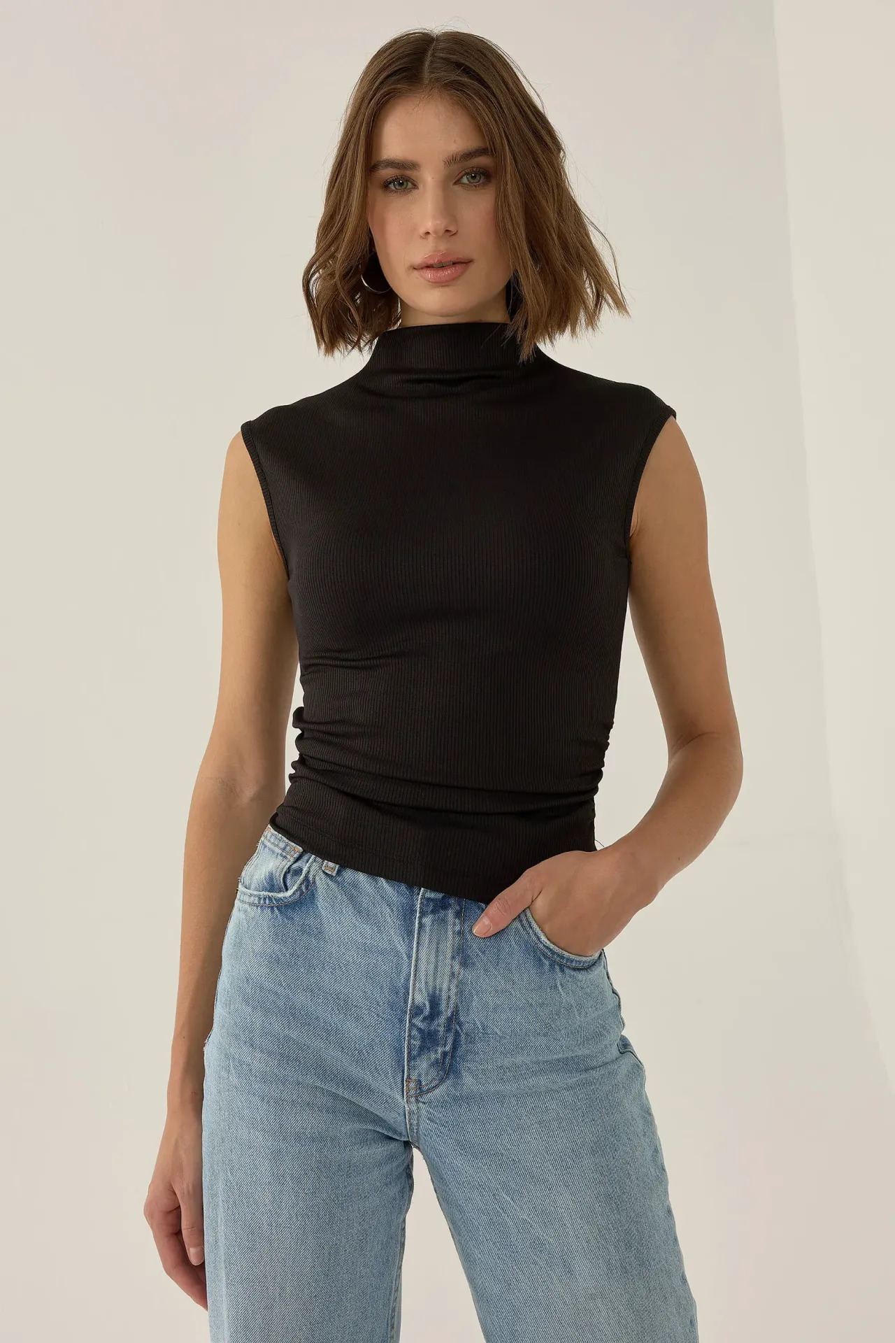 Ruched Half Turtleneck Crop Top