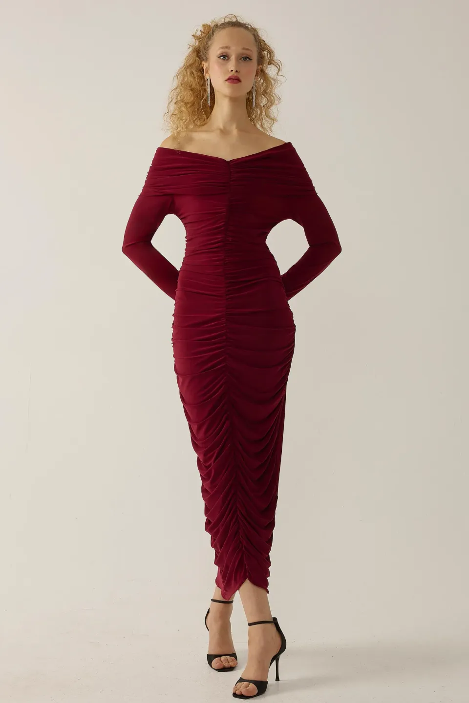 Off Shoulder Draped Bodycon Maxi Dress