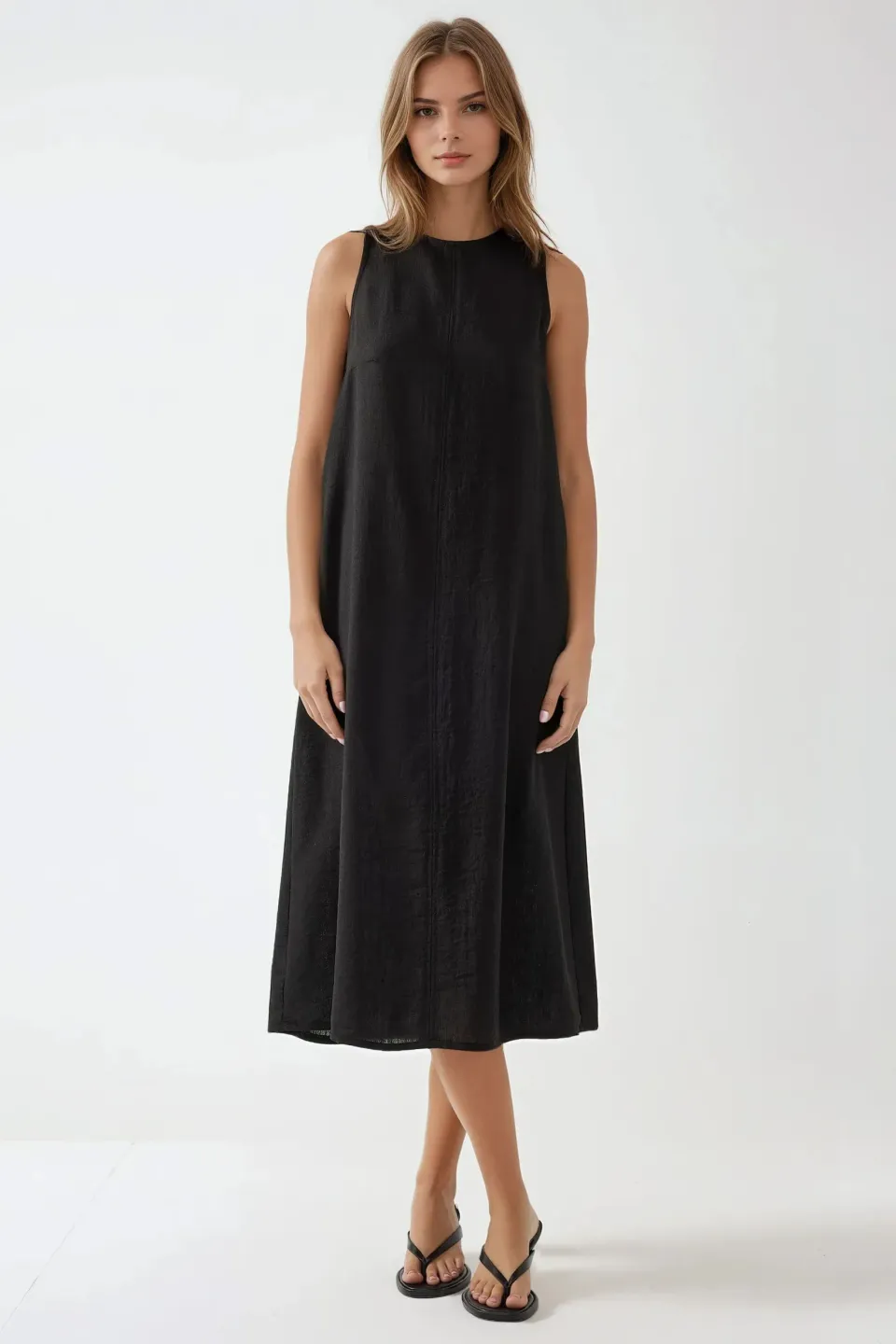 Linen Feel Sleeveless Crew Neck Midi Dress