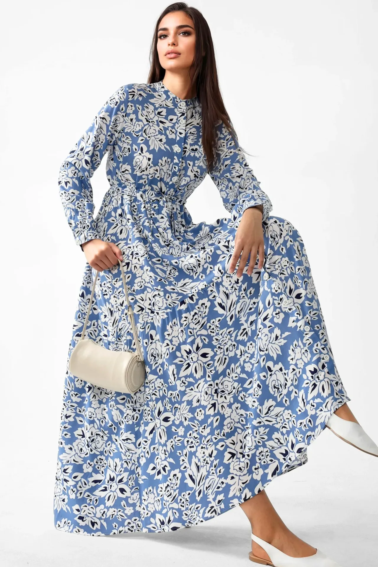 Printed Maxi Dress with Shirt Collar