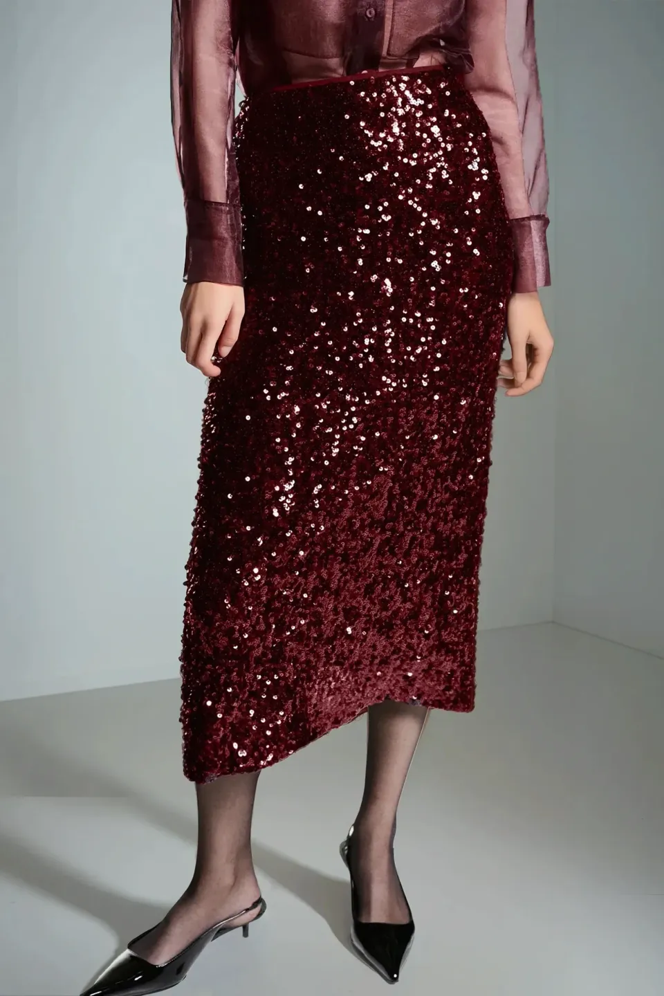 Sequin Midi Skirt with a Slit