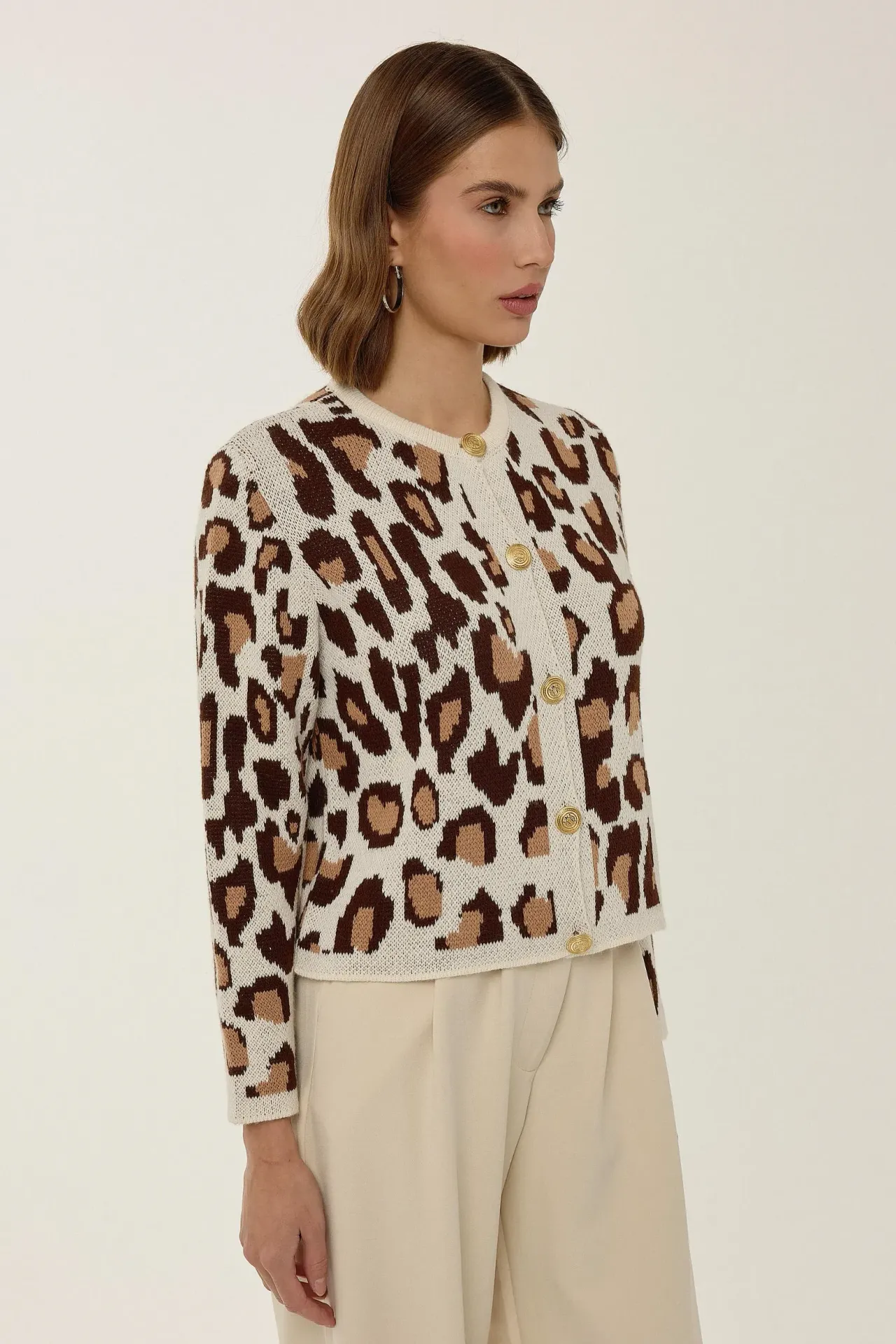 Leopard Print Crew Neck Cardigan