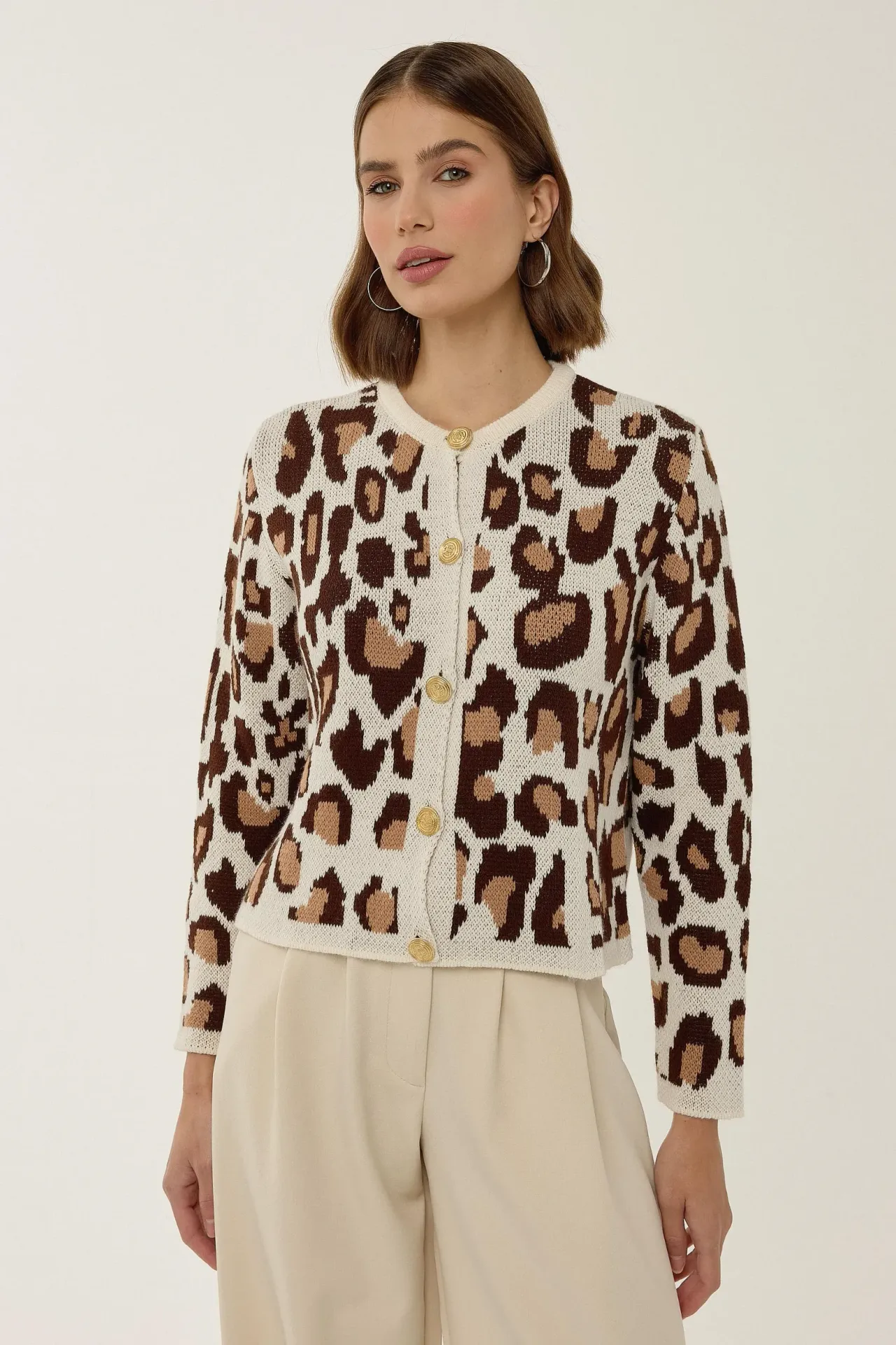 Leopard Print Crew Neck Cardigan