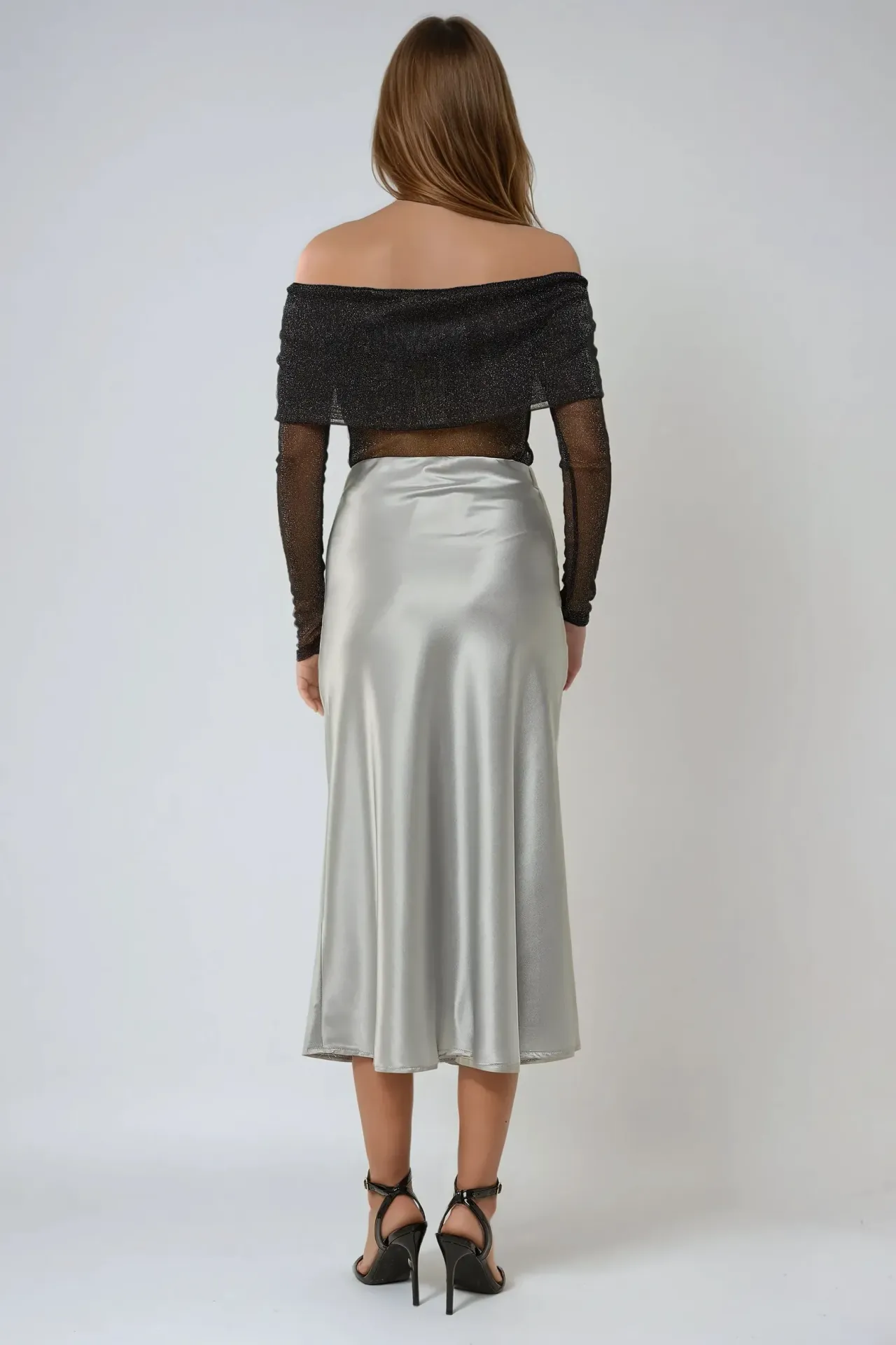 High-Waist Satin Midi Skirt