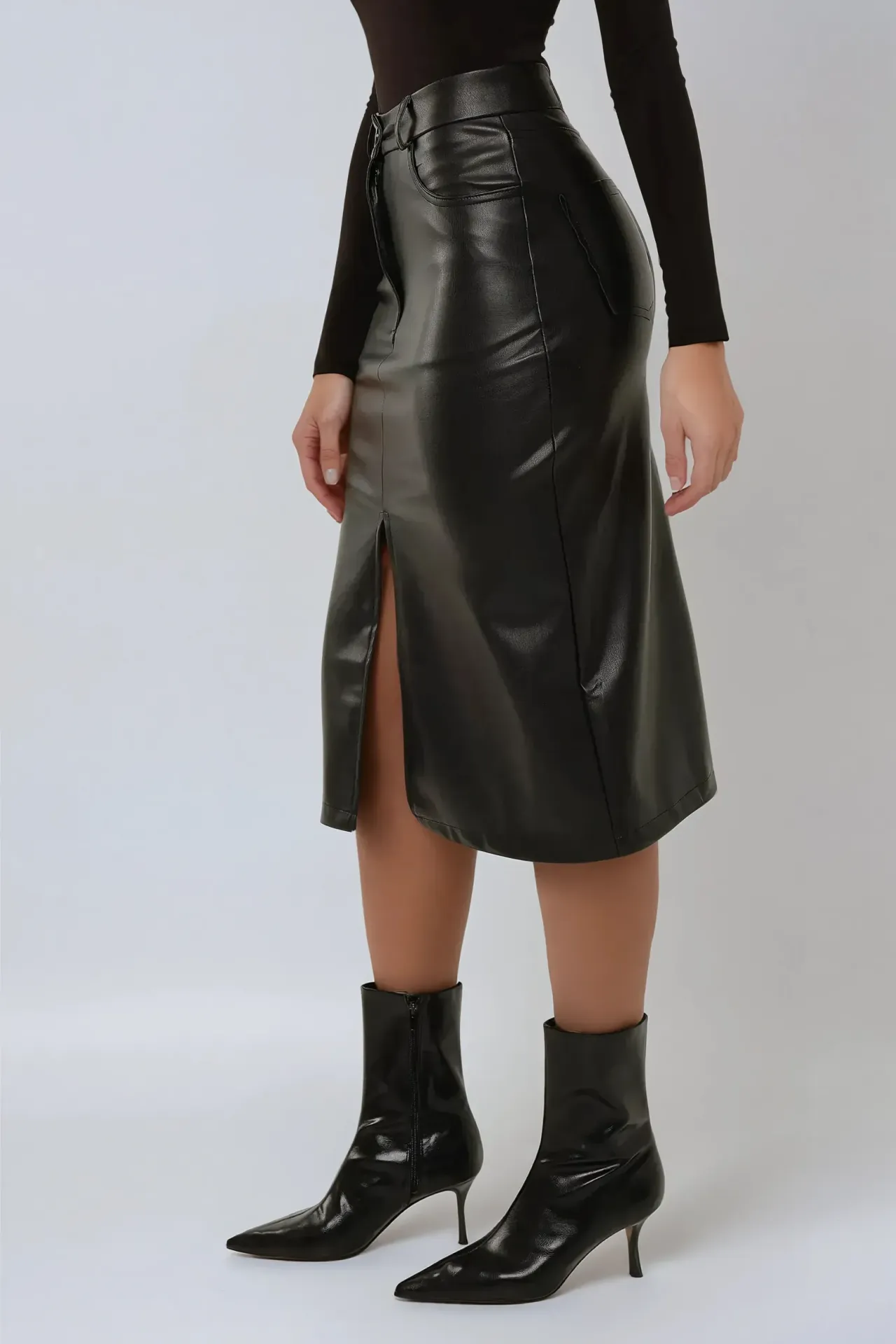 Faux Leather Midi Skirt with Slit