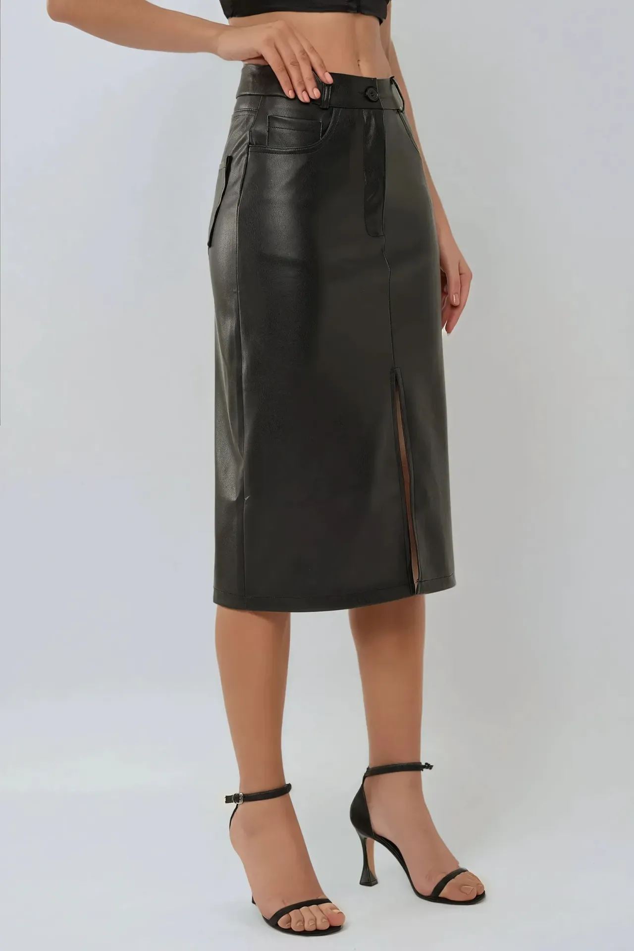 Faux Leather Midi Skirt with Slit