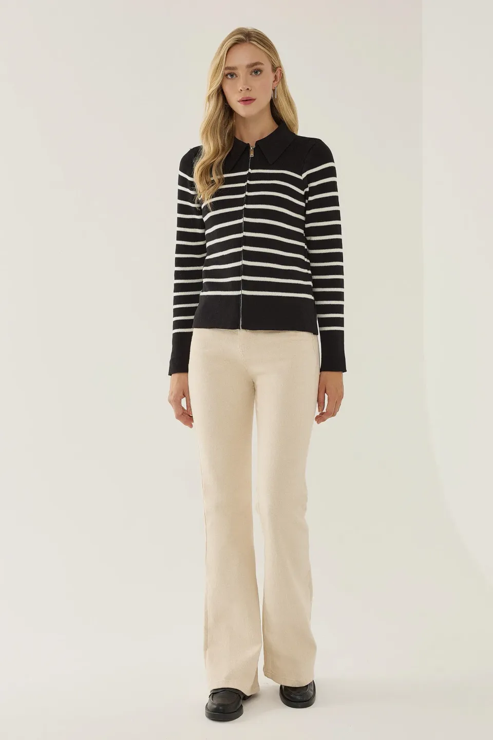 Striped Zipper Cardigan with Shirt Collar