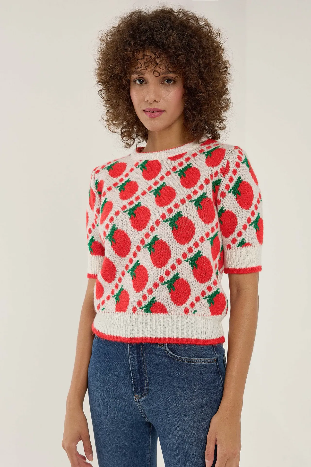 Patterned Short Sleeve Knit Sweater