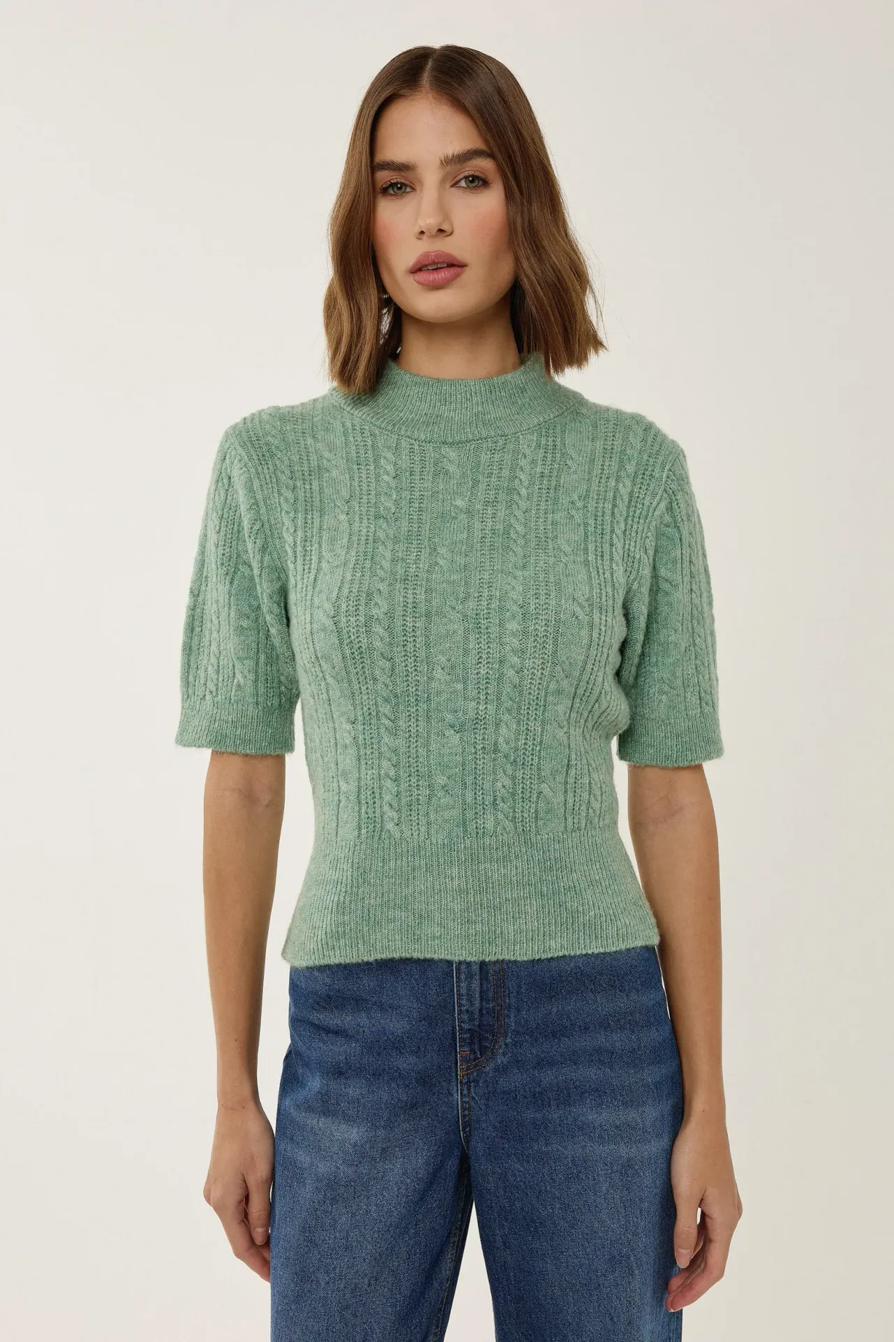 Short Sleeve Half Turtleneck Hair Braid Knit Sweater