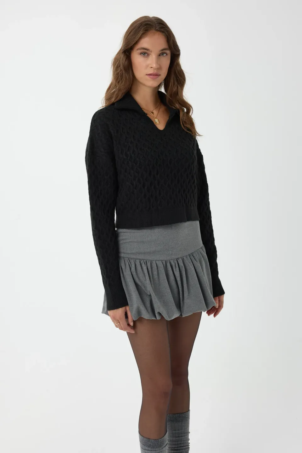 Textured Knitted Sweater with Shirt Collar