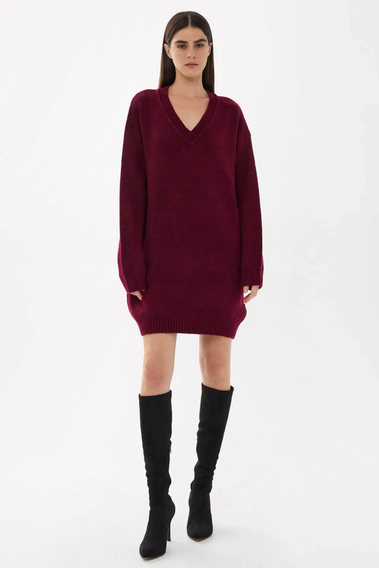 Oversized V-Neck Knit Dress