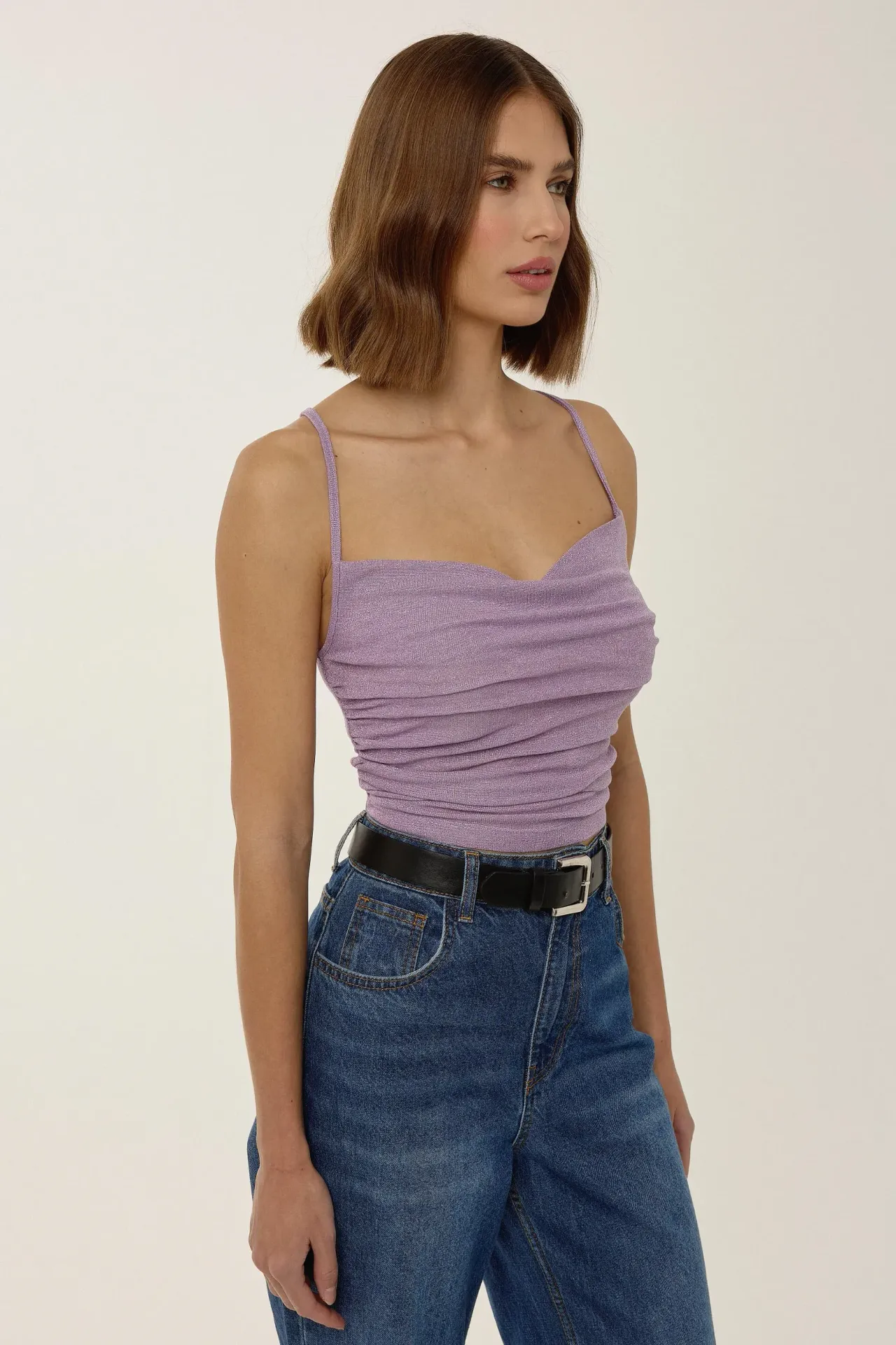 Asymmetrical Neck Glitter Knitted Crop Tank Top