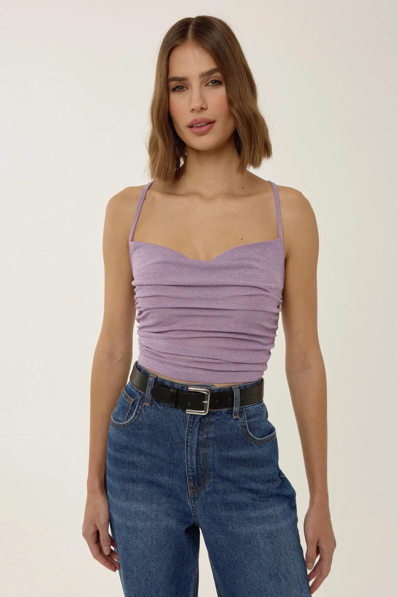 Asymmetrical Neck Glitter Knitted Crop Tank Top