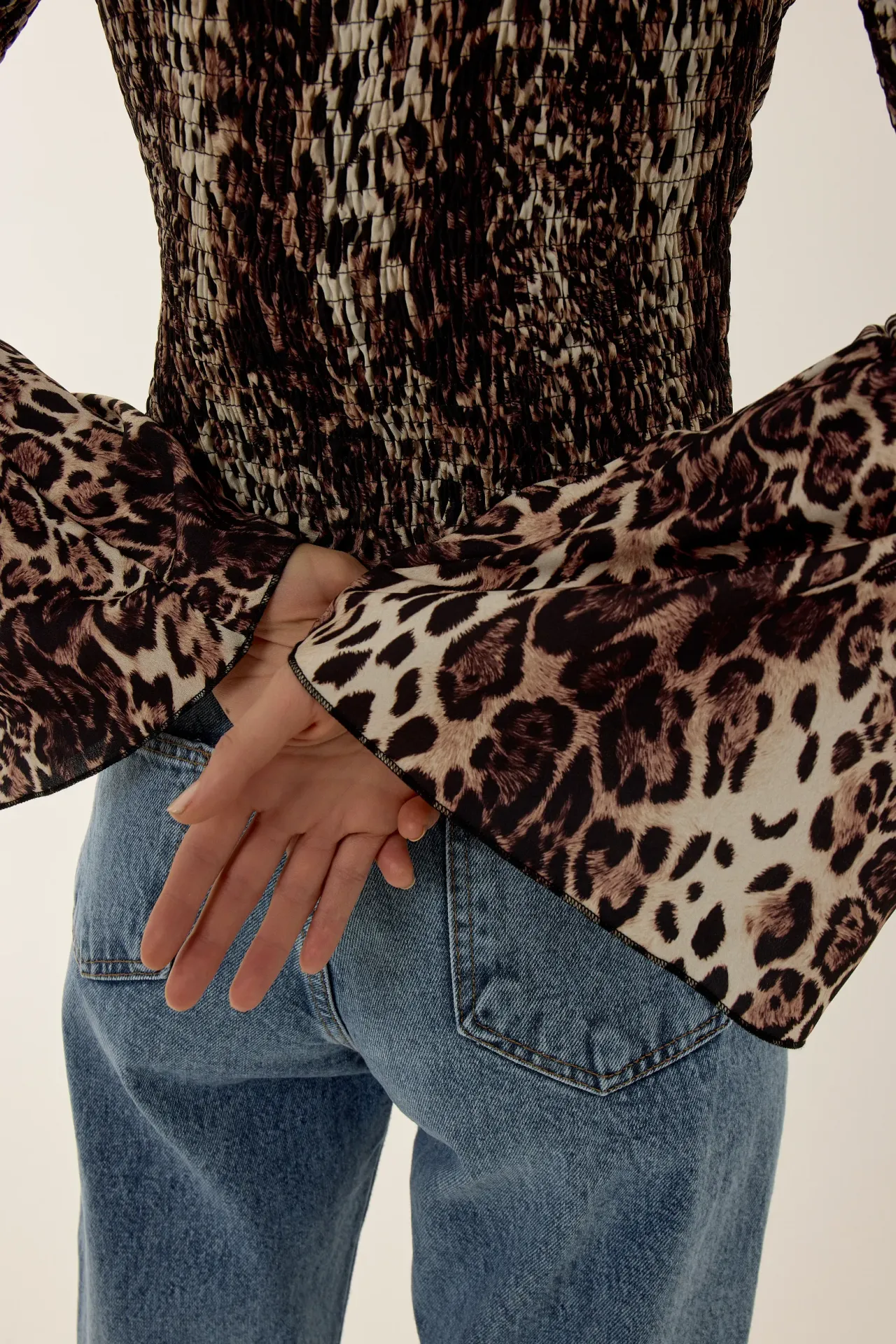 Animal Print Boat Neck Top with Shirred Detail