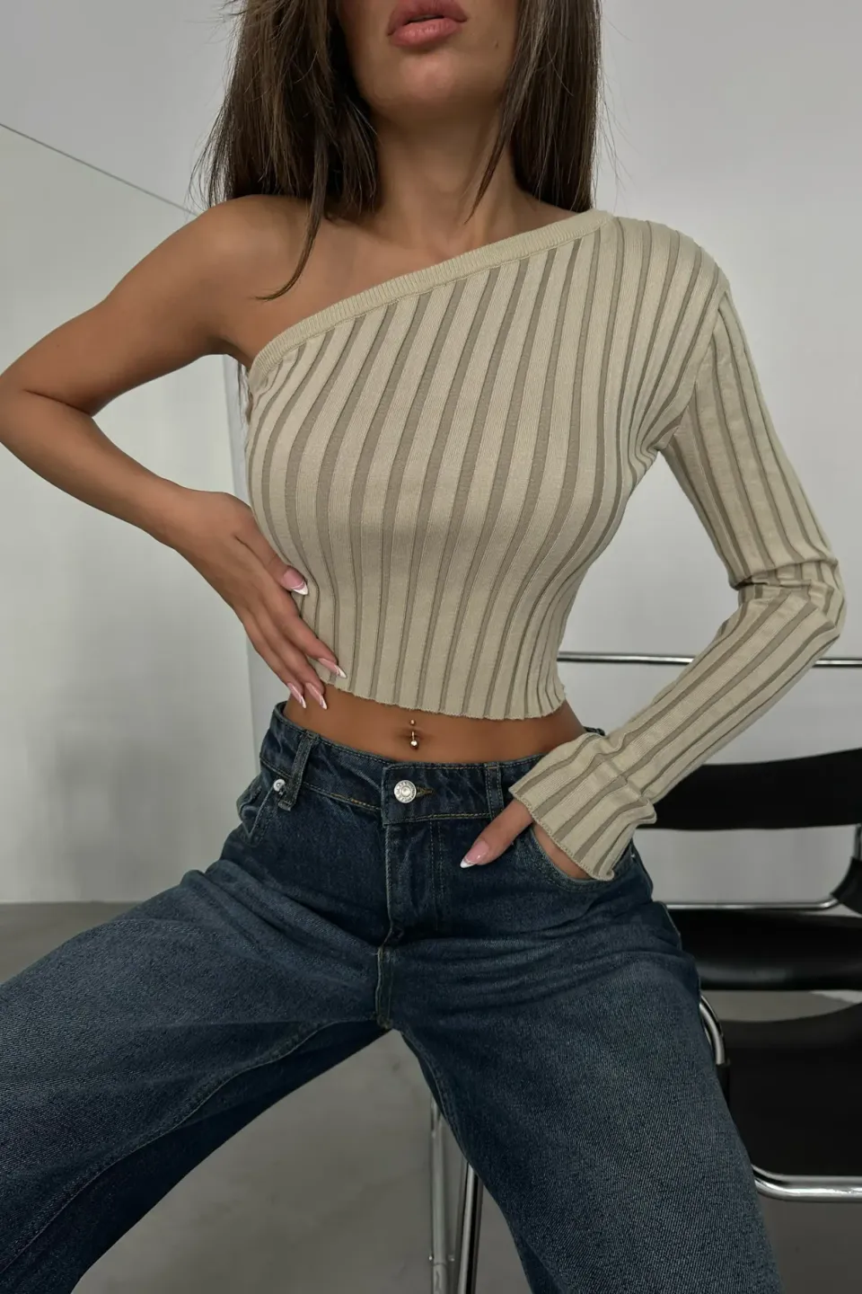 Striped One Shoulder Knitted Ribbed Cropped Blouse